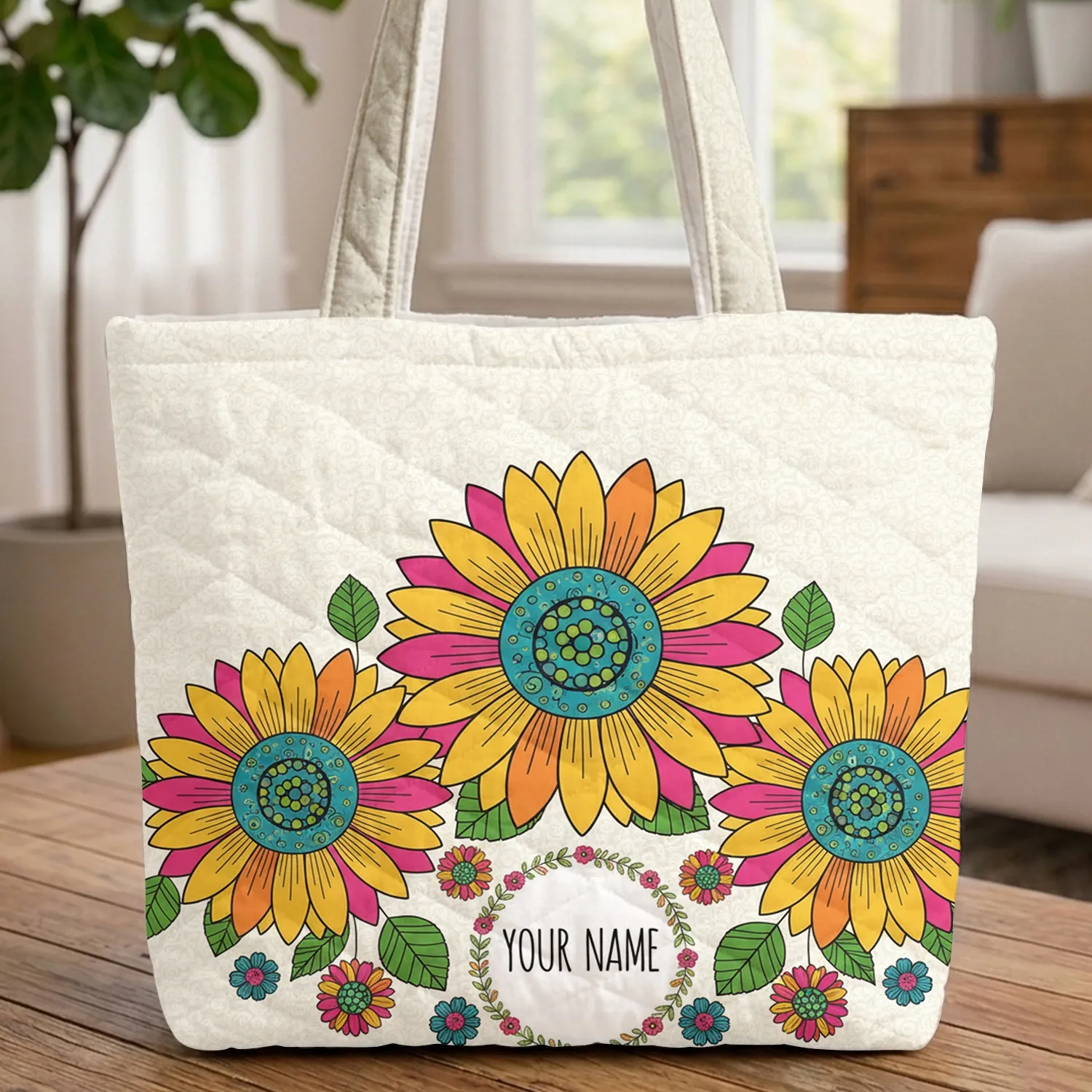 Large Sunflowers Floral Wreath Name Frame Quilted Tote Bag - 1