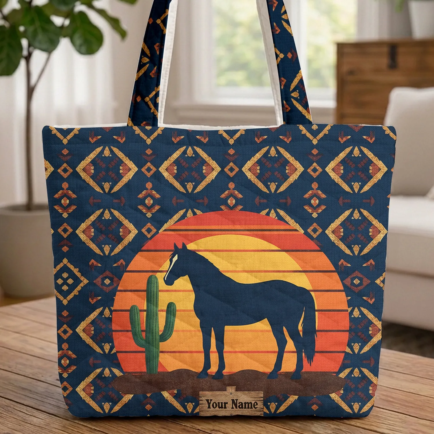 Majestic Dark Blue Horse Setting Sun Saguaro Cactus Western Wood Sign - Cowboy Lover Gift Quilted Tote Bag - 1