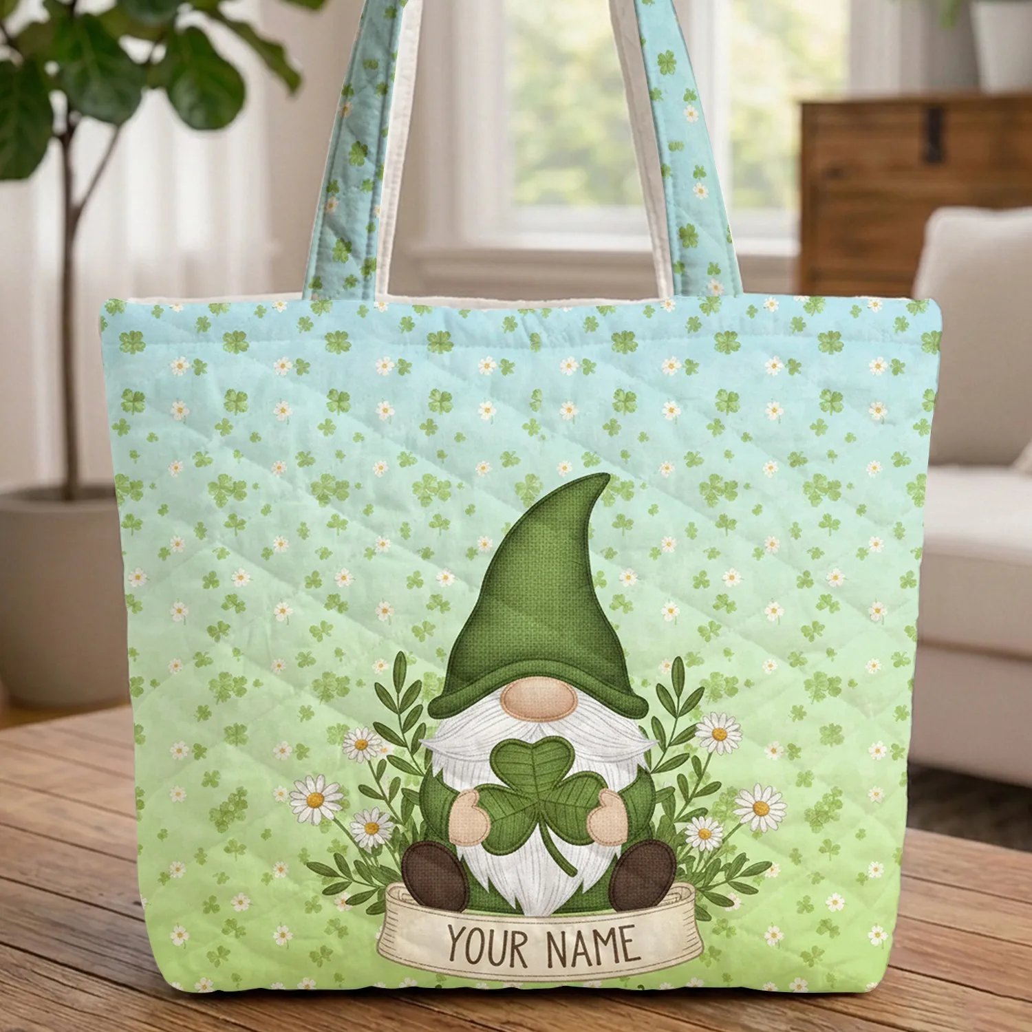 Gnome Green Hat Clover Daisies Foliage with Your Name - Lucky Charm Quilted Tote Bag - 1