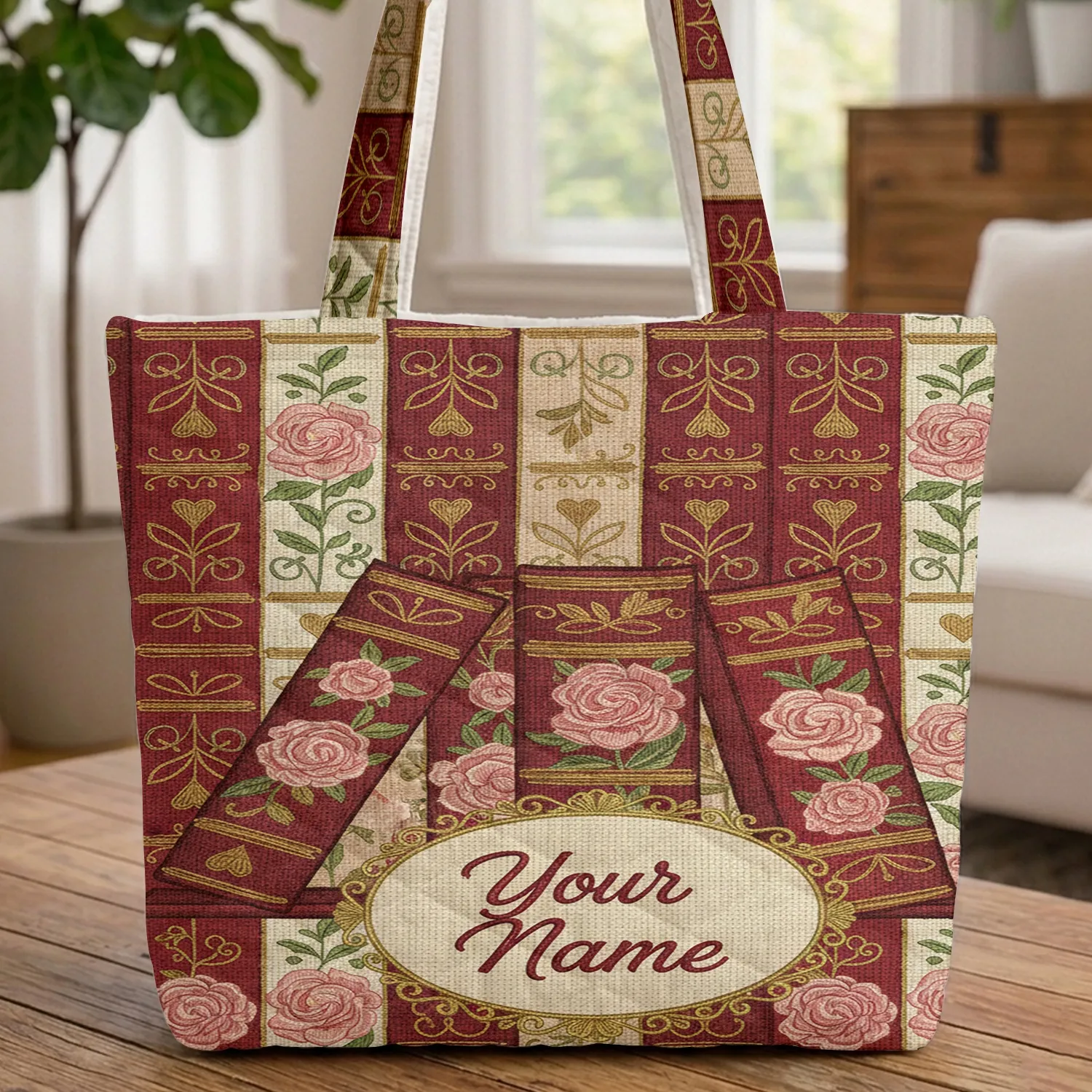 Vintage Ornate  Book Spines Roses Hearts Personalized - Book Lover Gift Quilted Tote Bag - 1