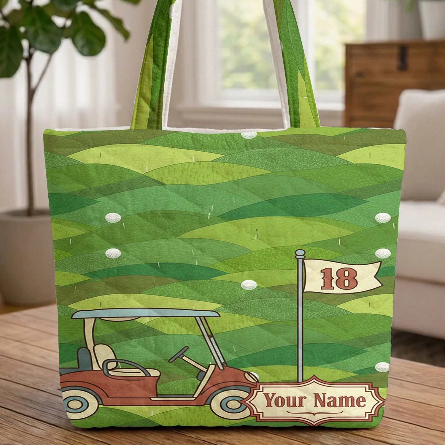 Personalized Vintage Golf Cart Flag Ball Golf Course Hills - Golfer Everyday Tote Quilted Tote Bag - 1