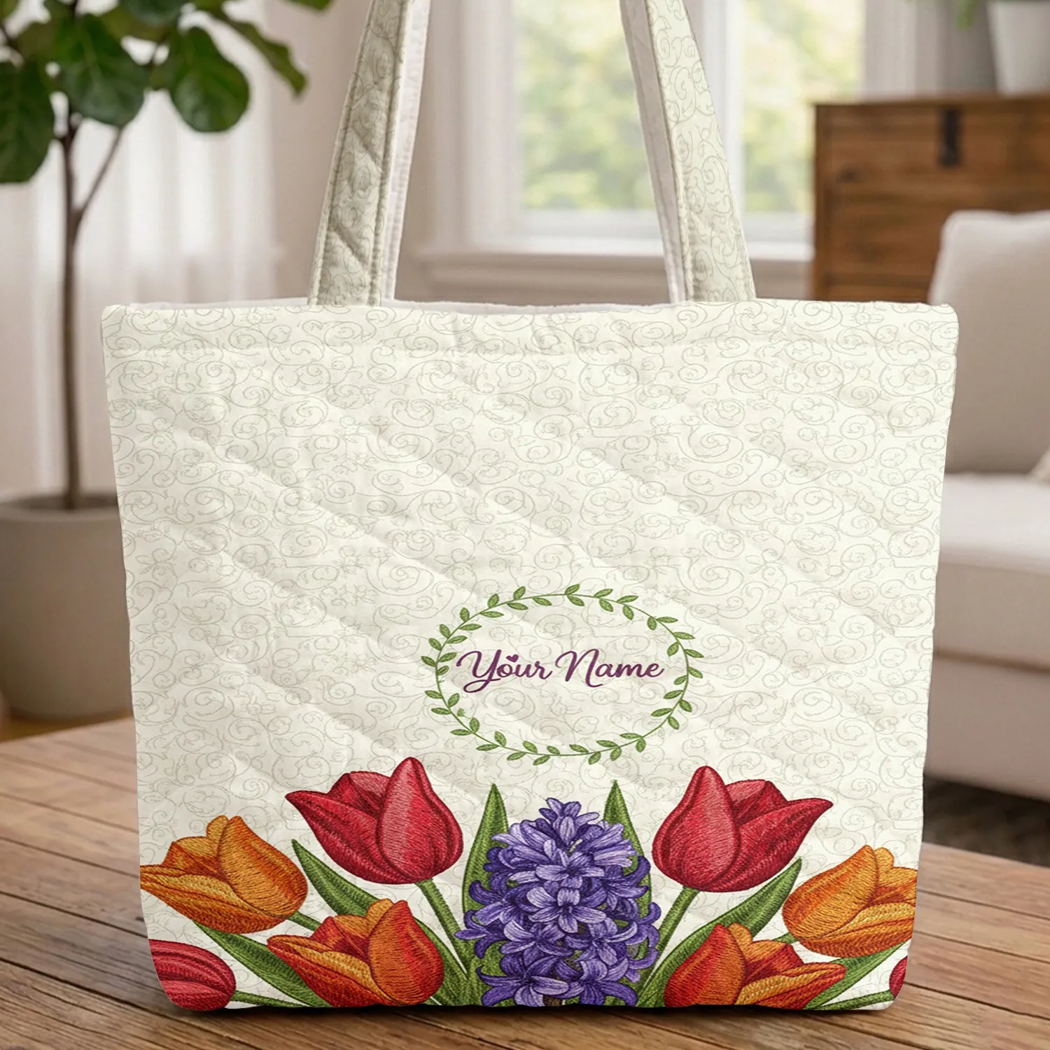 Tulips Hyacinth Botanical Vines Floral Wreath Name - Floral Lover Gift Quilted Tote Bag - 1