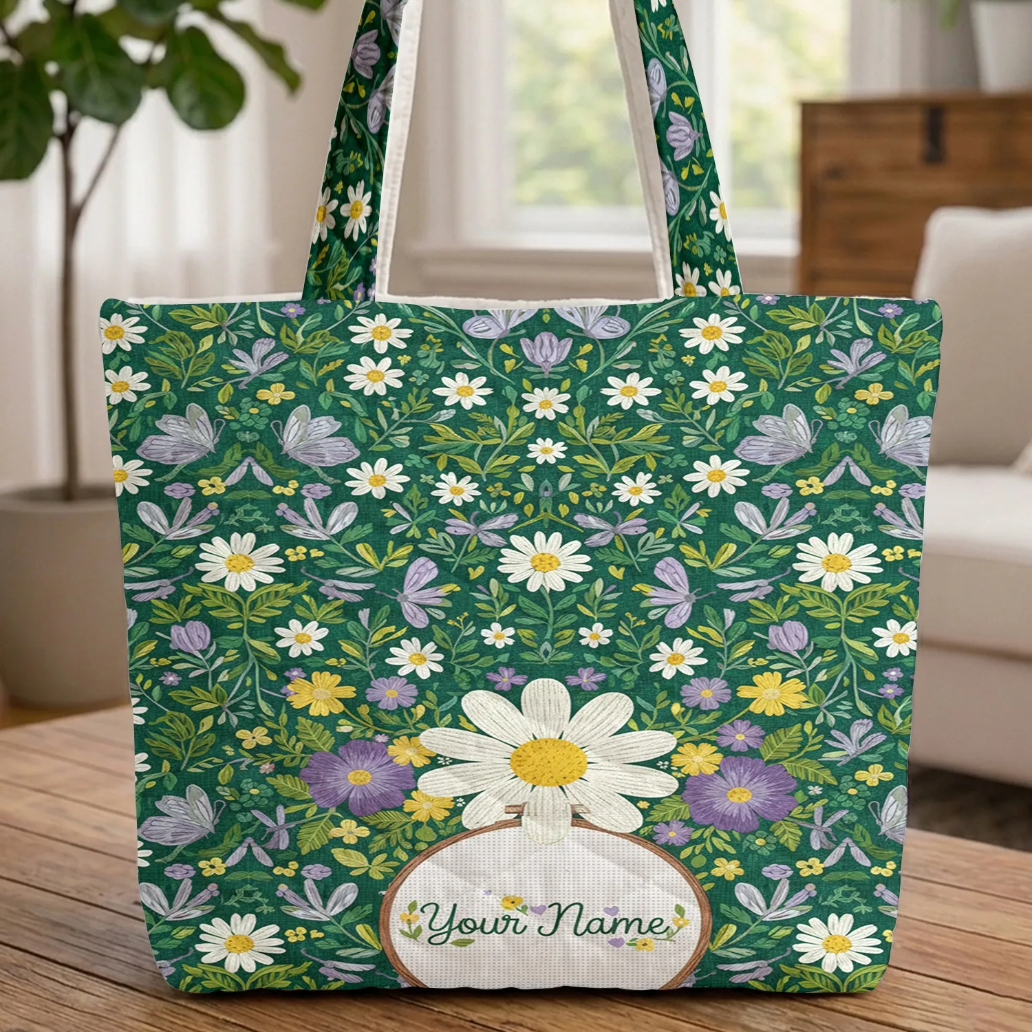 Daisies Butterflies Dragonflies Floral Name - Everyday Carry Gift Quilted Tote Bag - 1