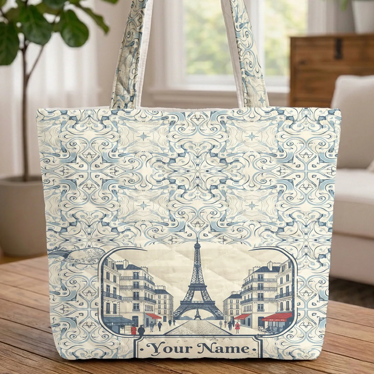 Parisian Street Scene Eiffel Tower Rococo Personalized Plaque - Travel Essentials Gift Quilted Tote Bag - 1