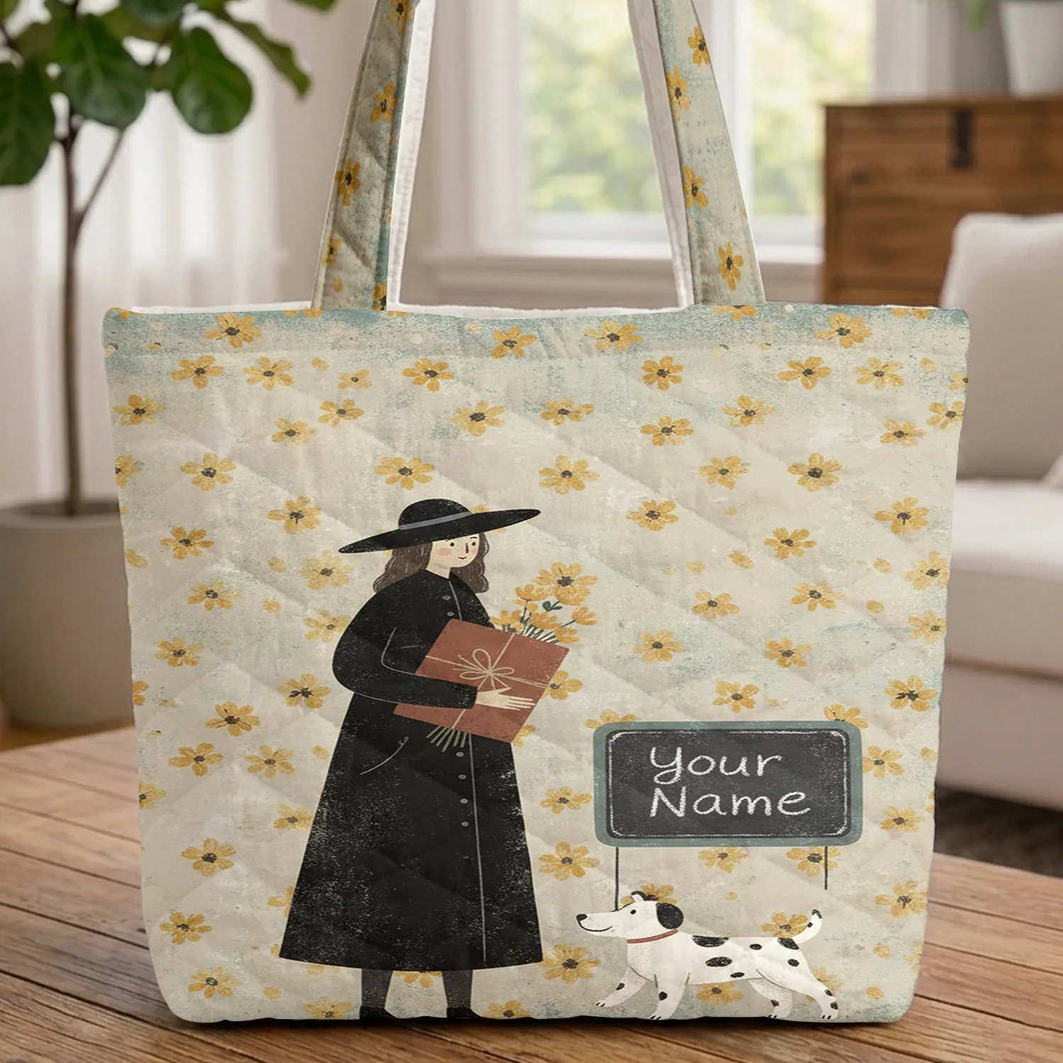 Woman Dog Chalkboard Name Yellow Daisy - Everyday Tote Dog Lover Gift Quilted Tote Bag - 1