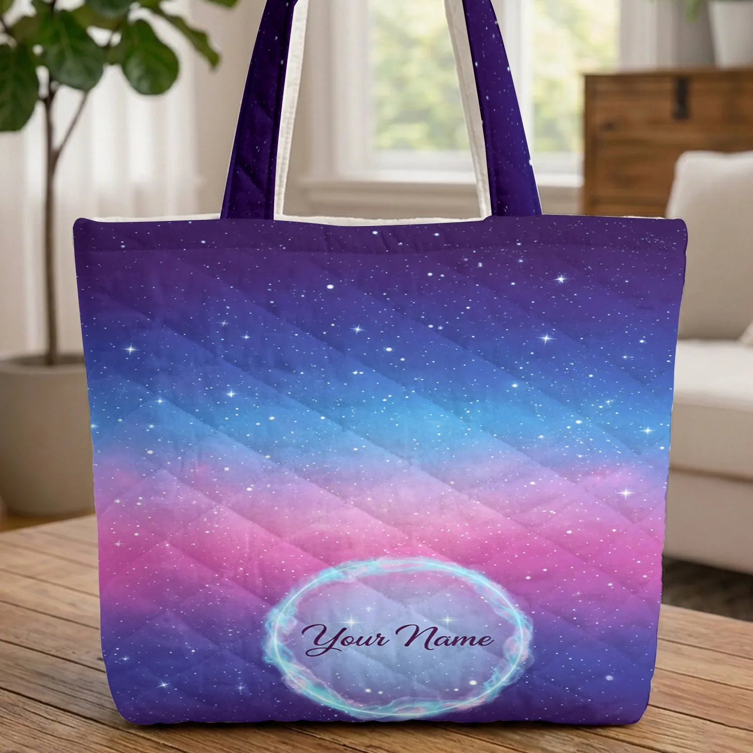 Cosmic Stars Galaxy Your Name Medallion - Keepsake Gift for Space Lover Quilted Tote Bag - 1