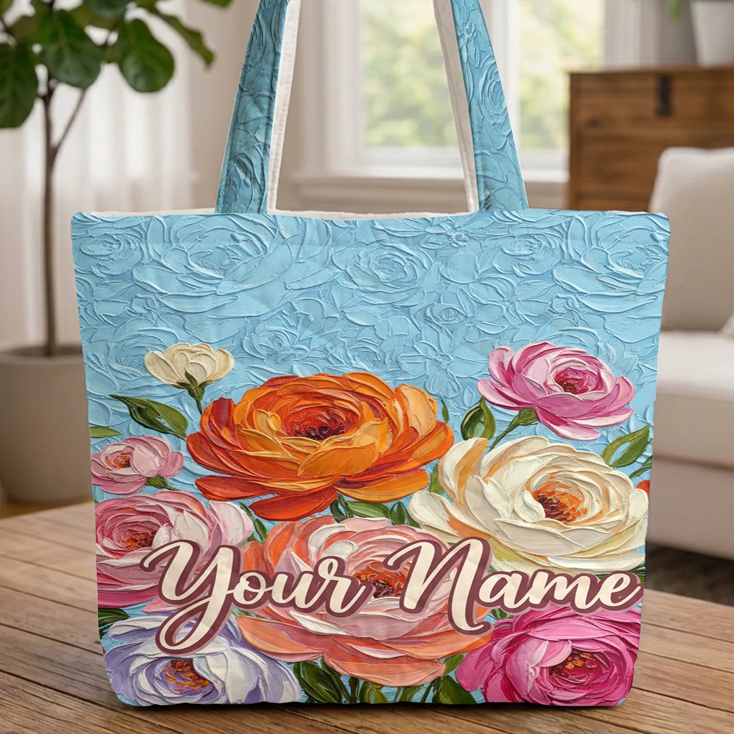 Impasto Floral Sculptural Petal Hand-lettered Name - Everyday Carry Gift Quilted Tote Bag - 1