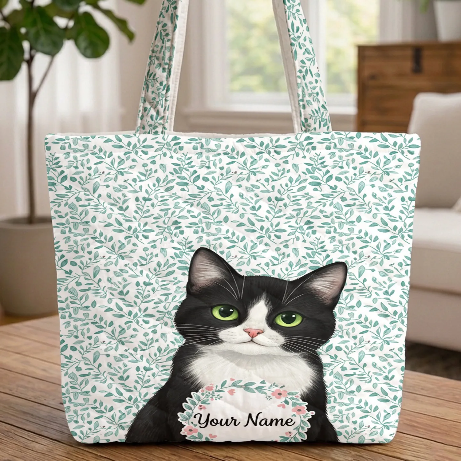 Black White Tuxedo Cat Floral Name Wreath - Cat Lover Everyday Gift Quilted Tote Bag - 1