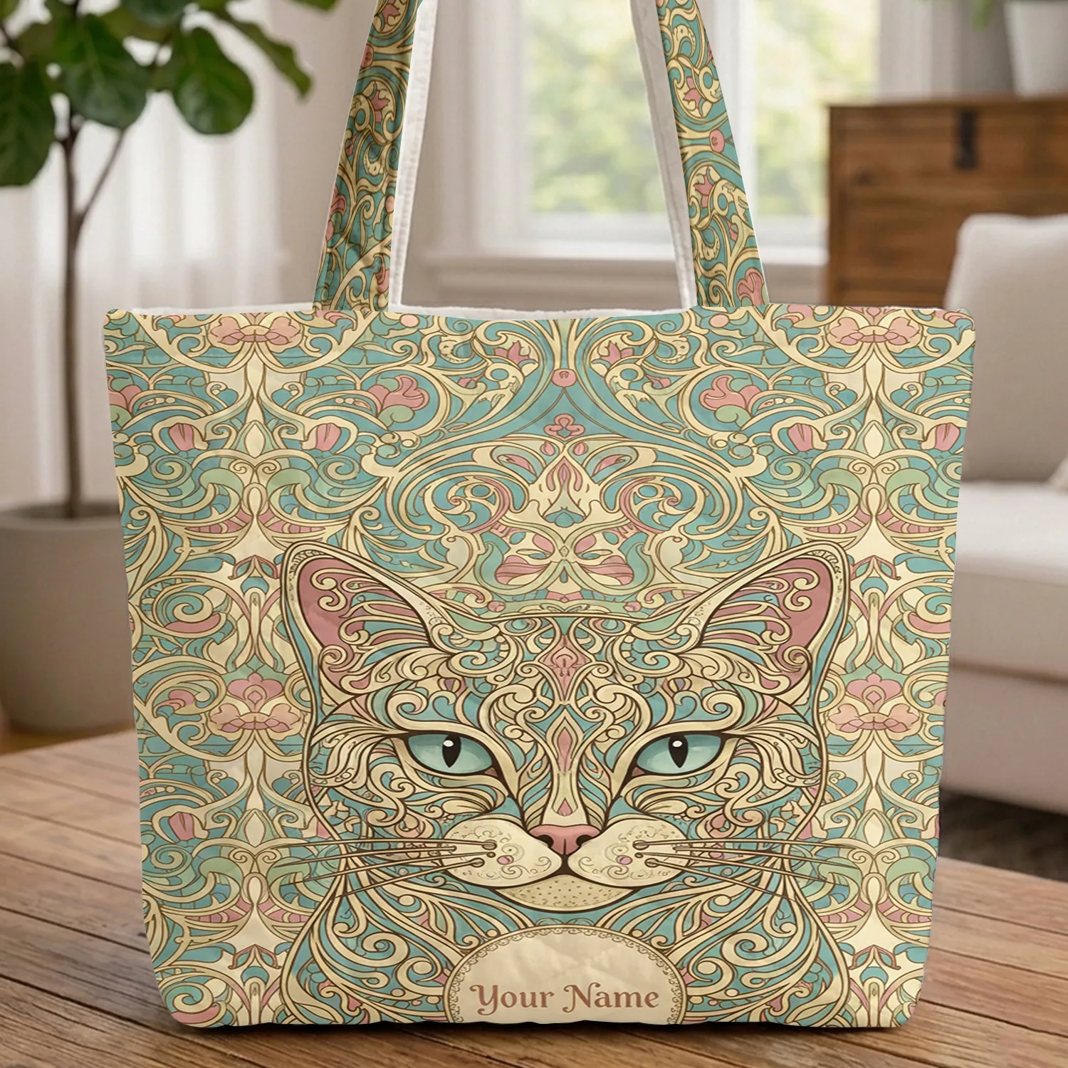 Art Nouveau Cat Face Swirling Floral Paisley Personalized Gift for Her Quilted Tote Bag - 1