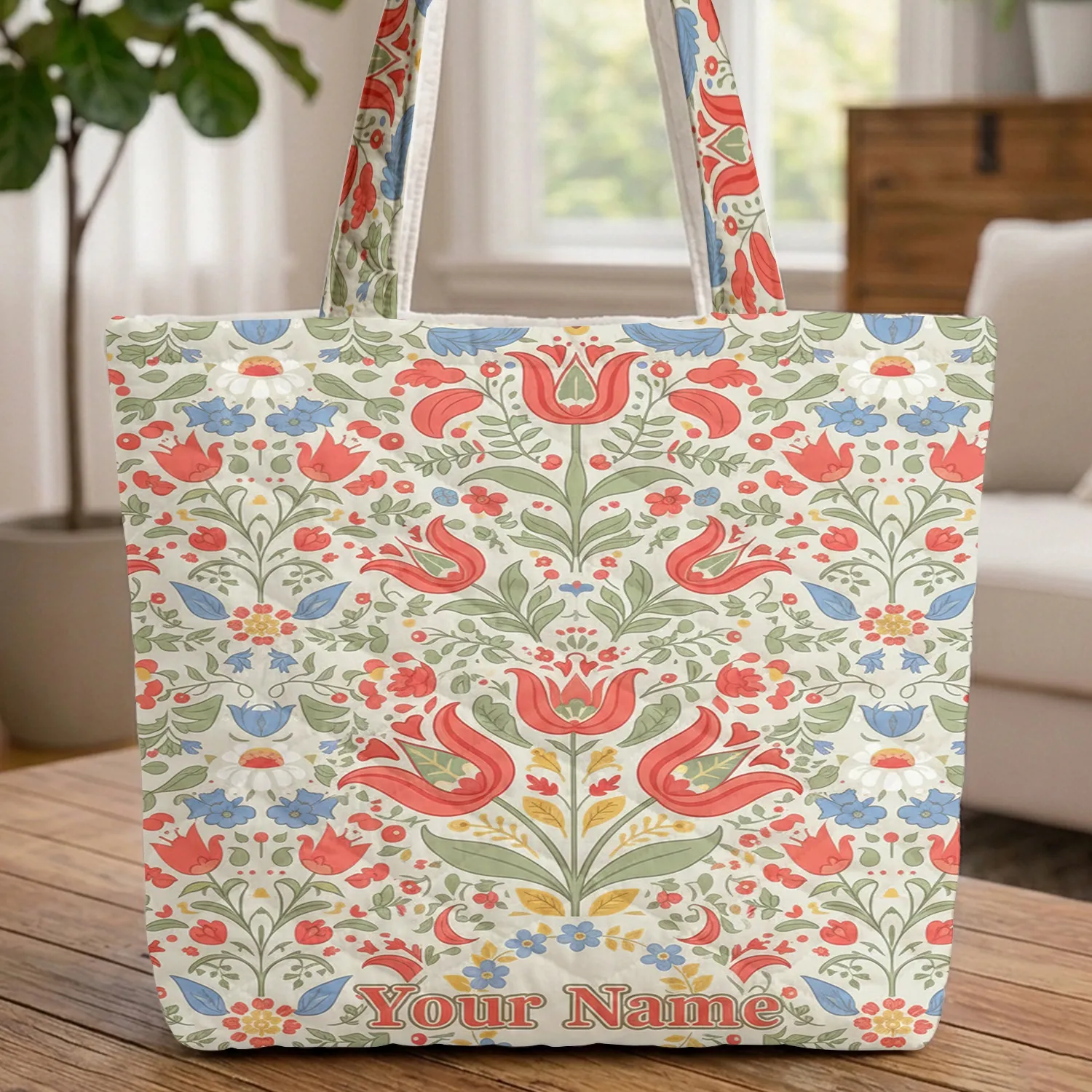 Personalized Floral Wreath Tulips Daisies Botanical Bouquet - Thoughtful Keepsake Quilted Tote Bag - 1