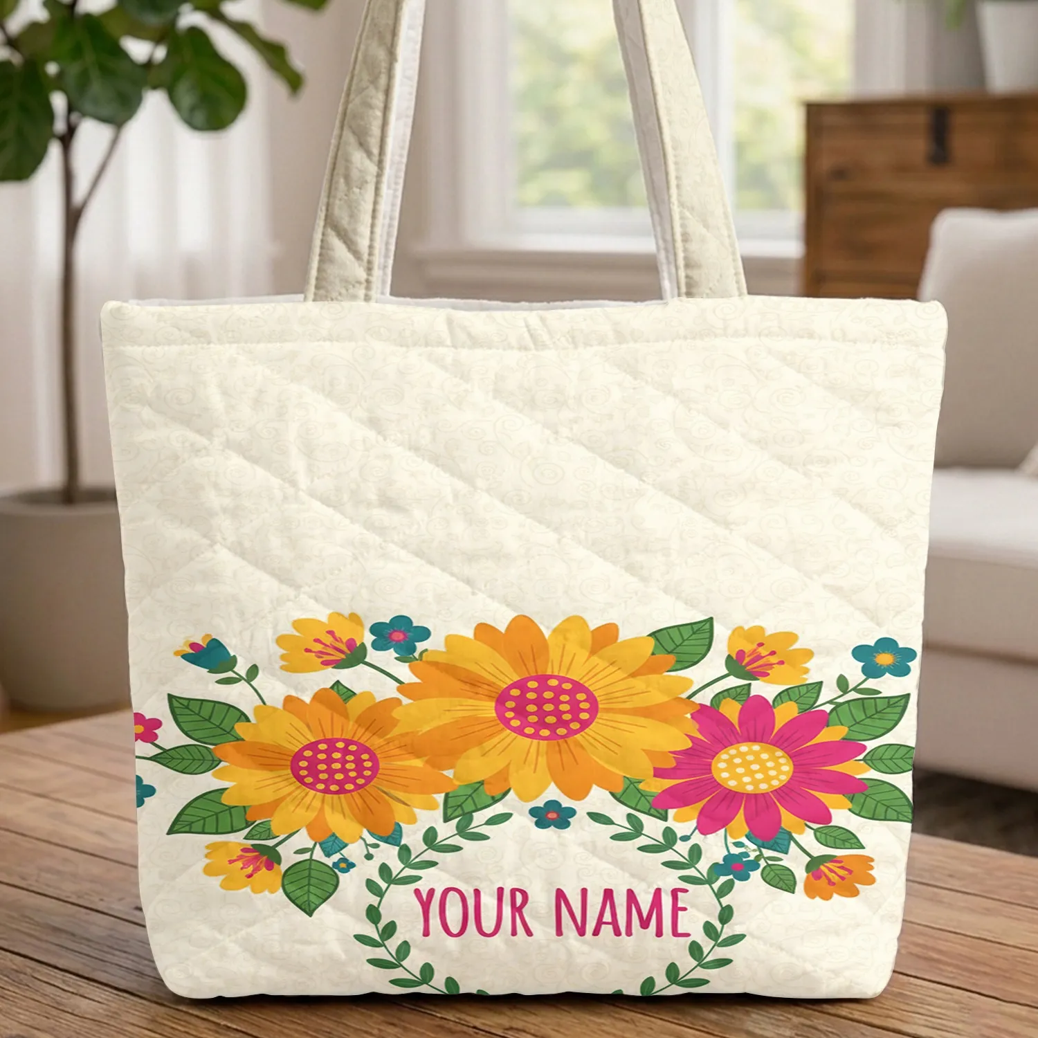 Personalized Daisy Sunflower Floral Wreath - Everyday Carry Custom Name Gift Quilted Tote Bag - 1