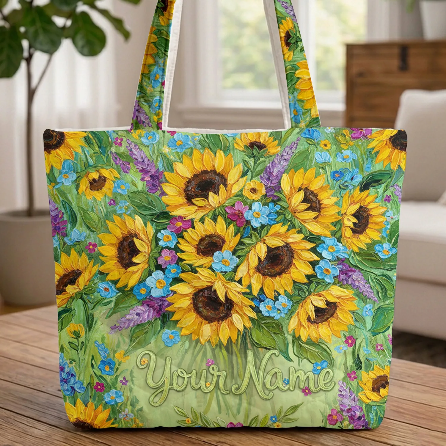 Sunflowers Wildflowers Lush Foliage Name Wreath - Floral Lover Gift Quilted Tote Bag - 1