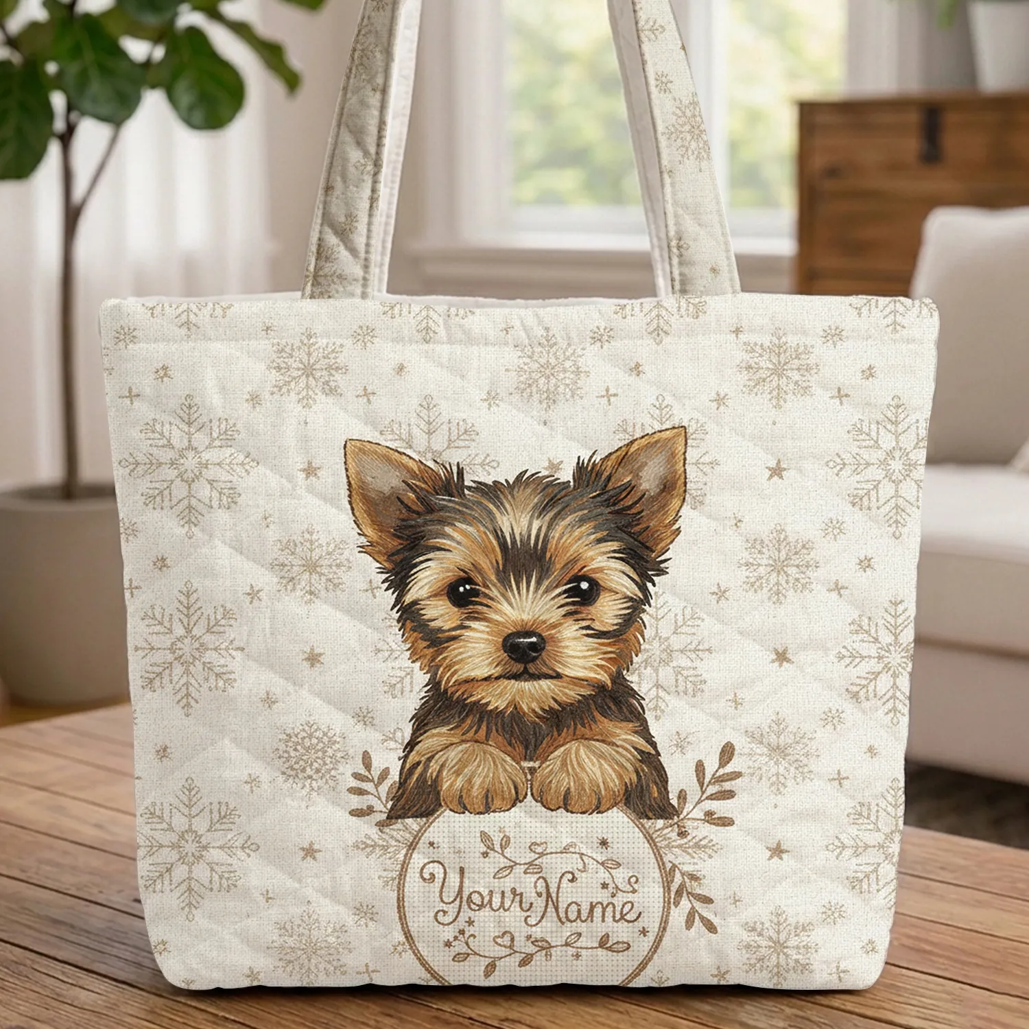 Yorkshire Terrier Puppy Frame Snowflakes Stars - Dog Lover Everyday Gift Quilted Tote Bag - 1