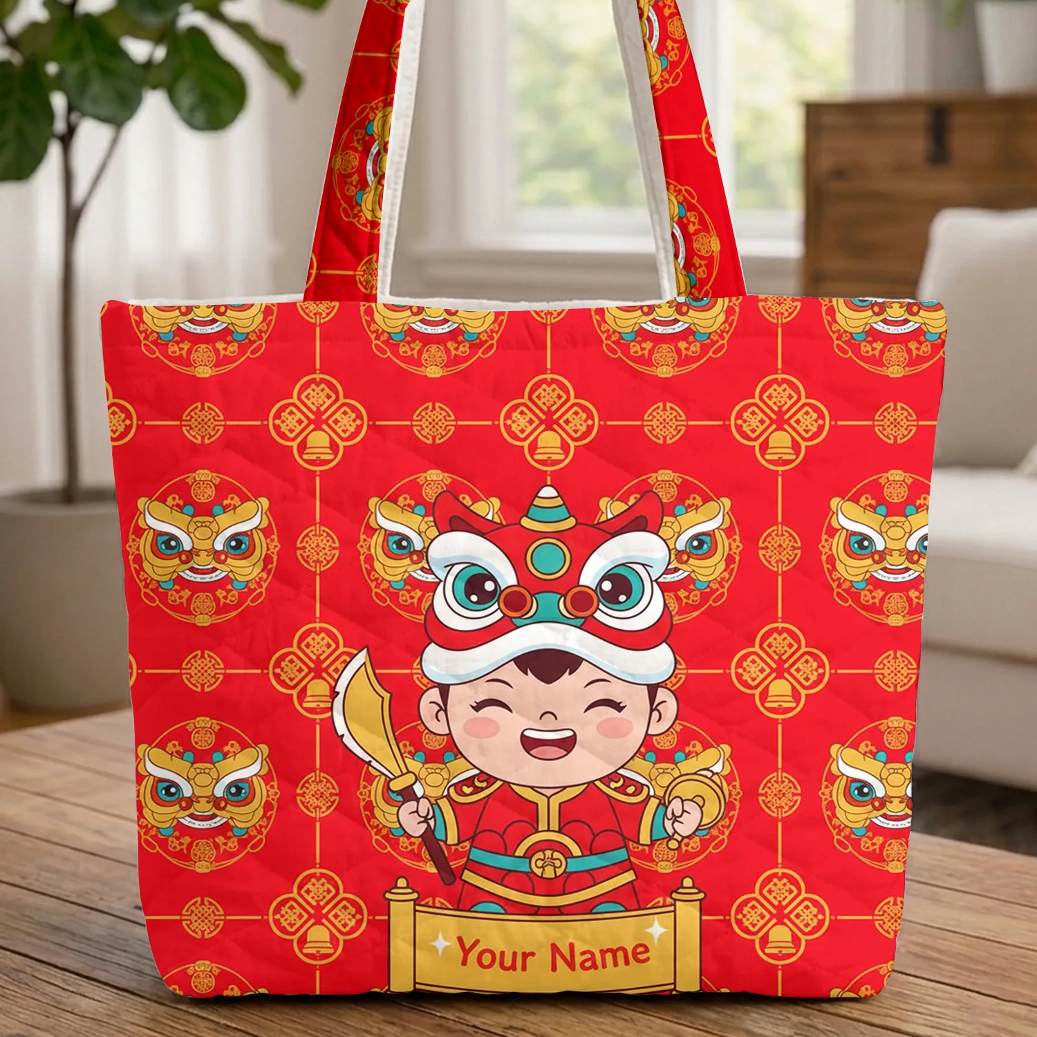 Chinese Lion Dance Warrior Child Mystic Knots - Good Fortune Celebration Gift Quilted Tote Bag - 1