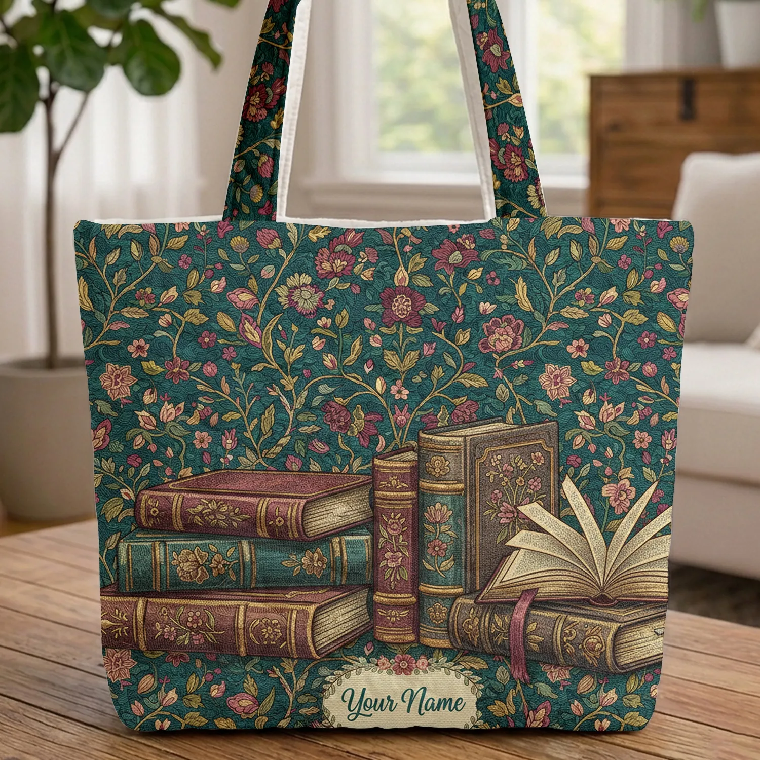 Collection Ornate Books Swirling Floral Vines Gold Embossed - Reading Book Lover Gift Quilted Tote Bag - 1