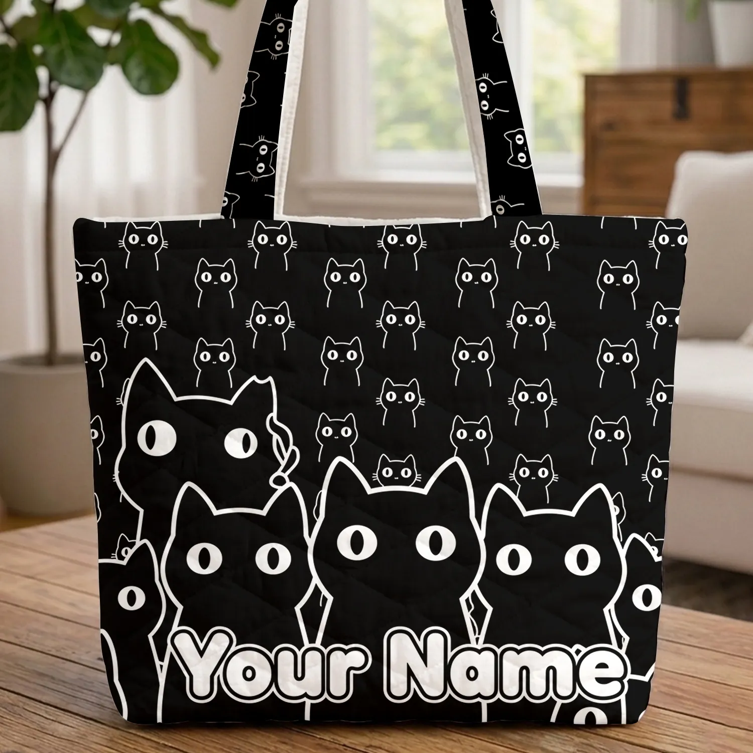 Personalized Minimalist Black Cats Thick White Outlines - Everyday Cat Lover Gift Quilted Tote Bag - 1