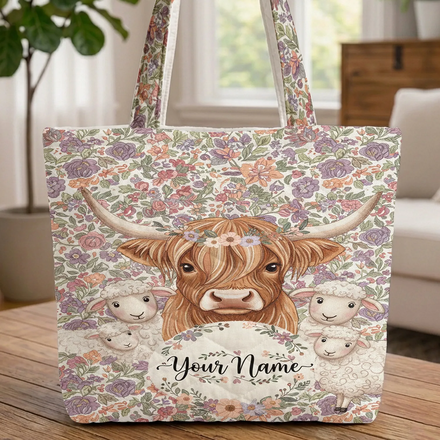Highland Cow Wildflower Country Floral Cottagecore Farmhouse Decor for Cow Lover Quilted Tote Bag - 1