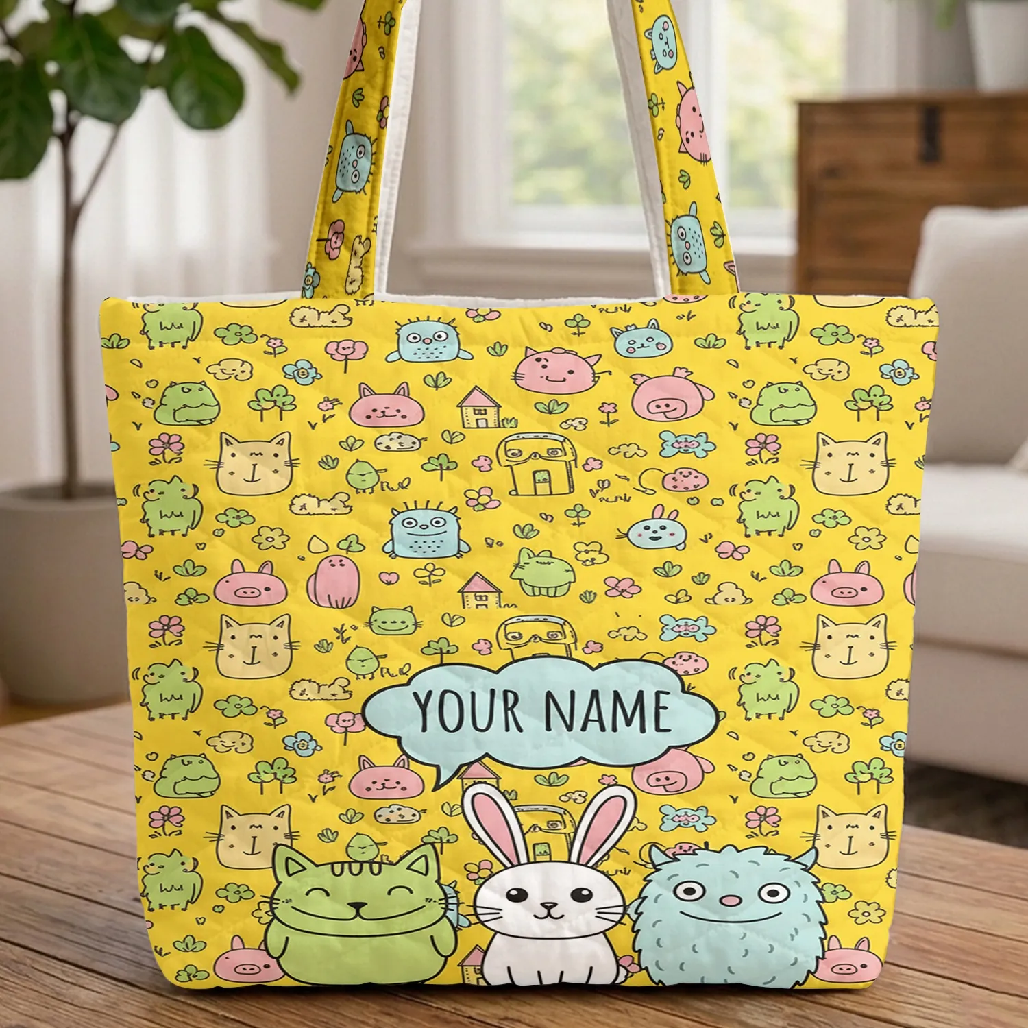 Cat Rabbit Monster Yellow Animals Trees Clouds Flowers Houses Children's Everyday Tote Quilted Tote Bag - 1