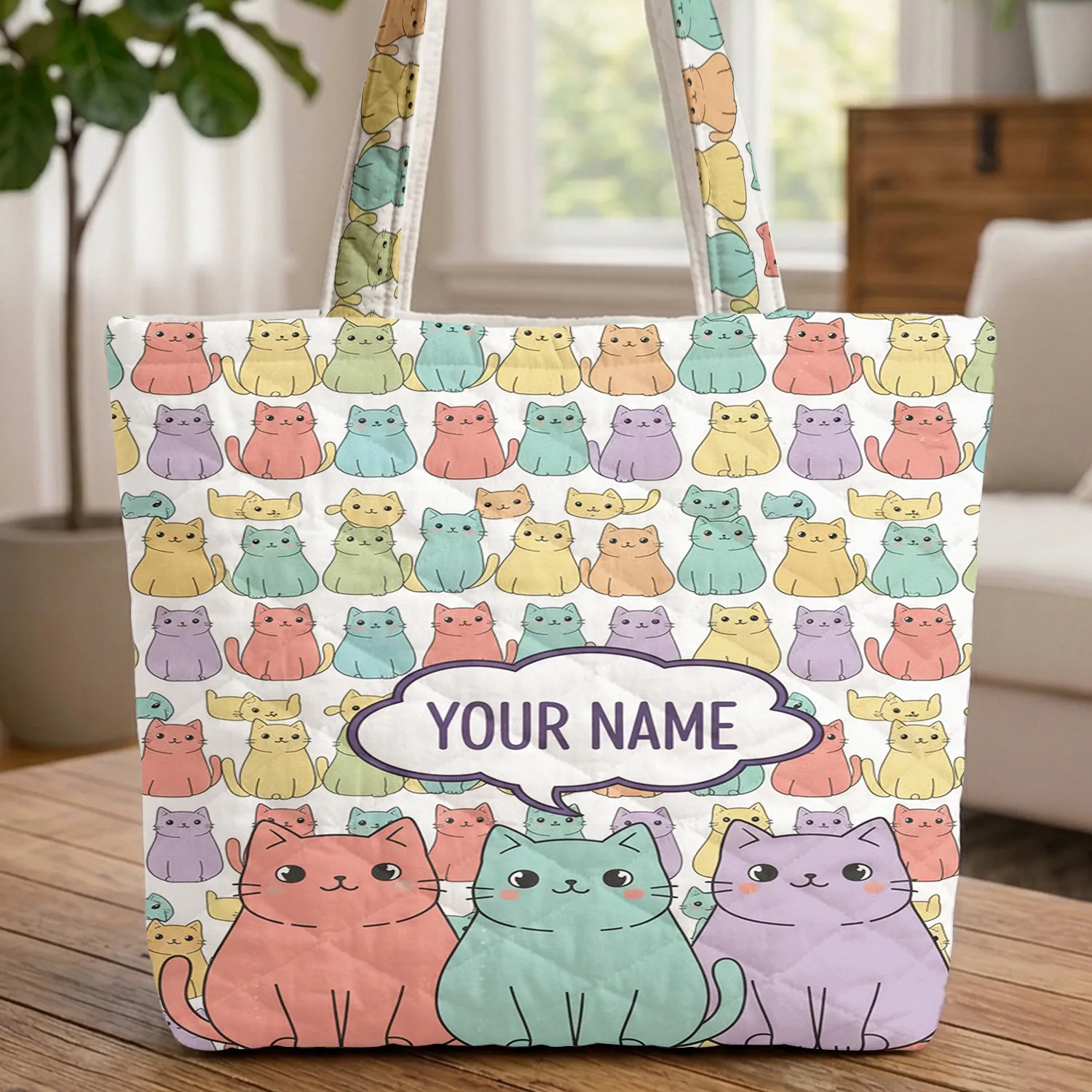 Small Cats Three Plump Cats Your Name Cloud - Cat Lover Everyday Gift Quilted Tote Bag - 1
