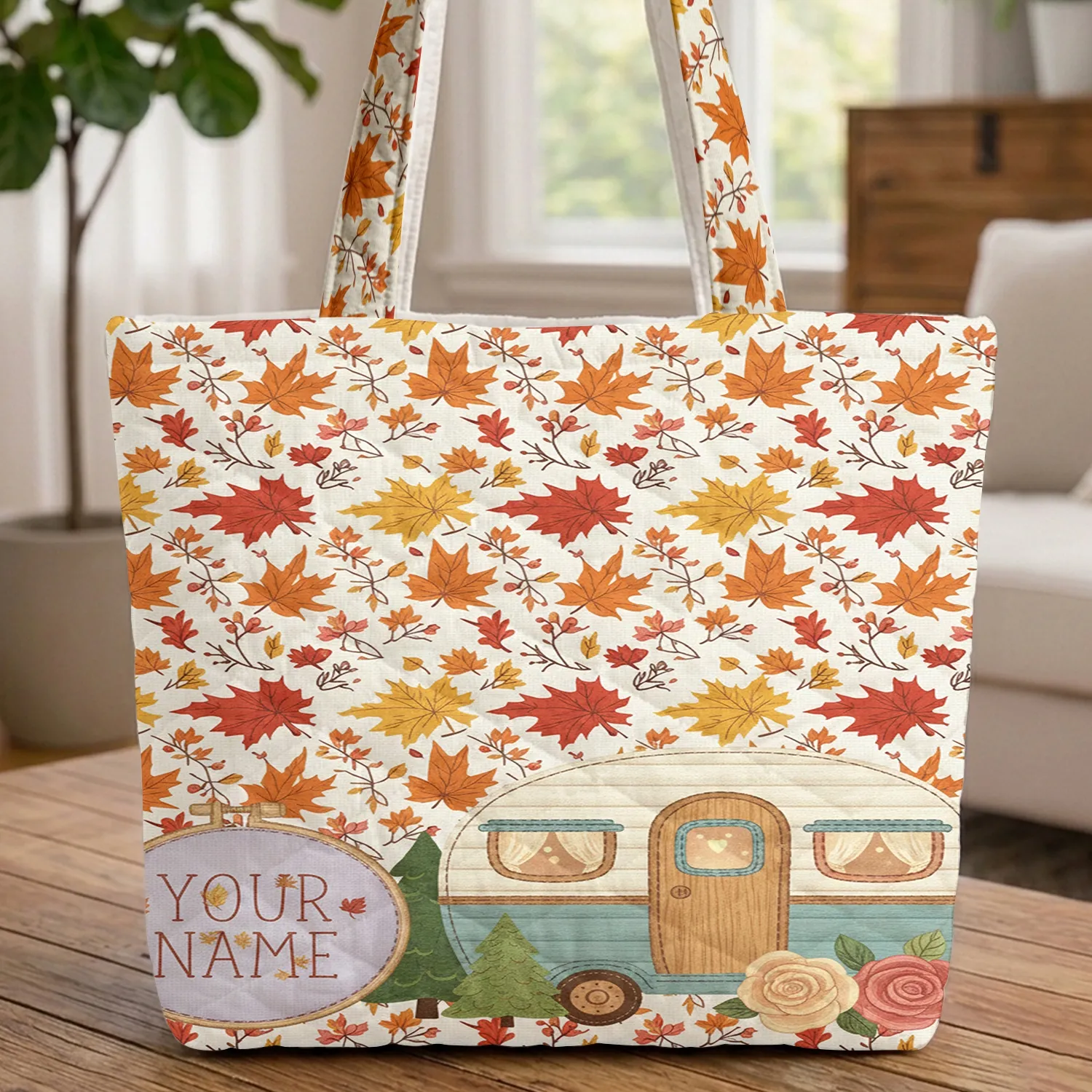 Vintage Camper Autumn Leaves Roses Custom Name - Travel Essentials Road Trip Gift for Her Quilted Tote Bag - 1