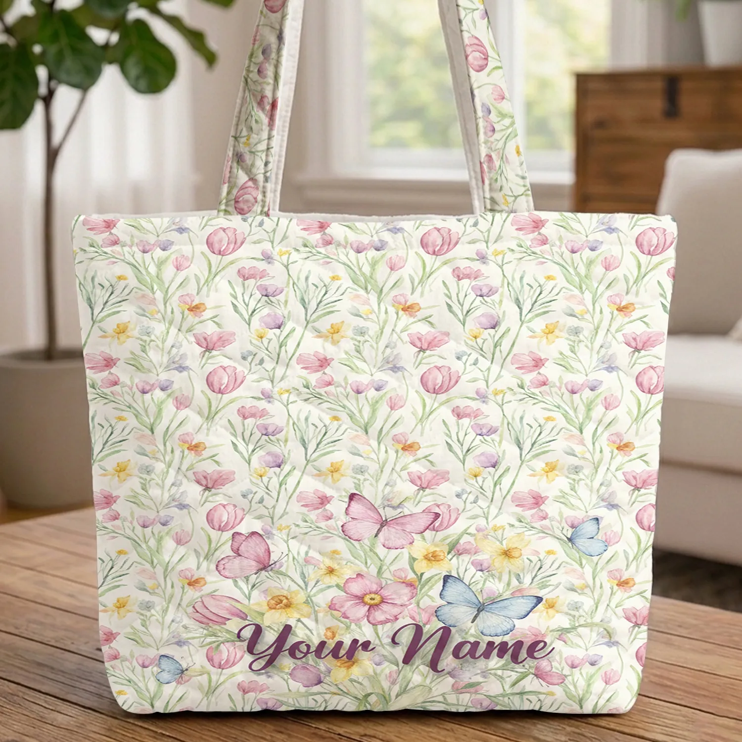 Pastel Wildflower Butterflies Meadow - Botanical Garden Gift Quilted Tote Bag - 1