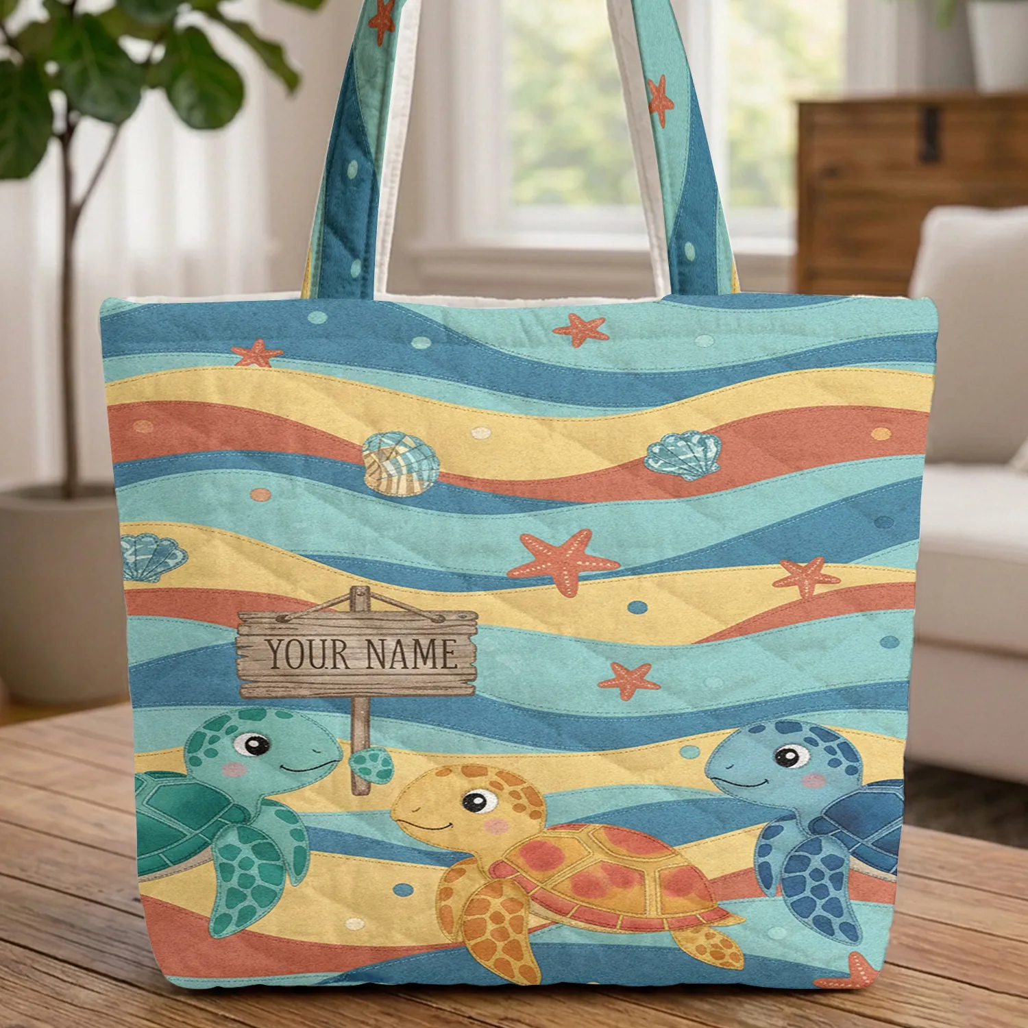 Sea Turtles Ocean Waves Starfish Seashells - Ocean Lover Gift for Children Quilted Tote Bag - 1