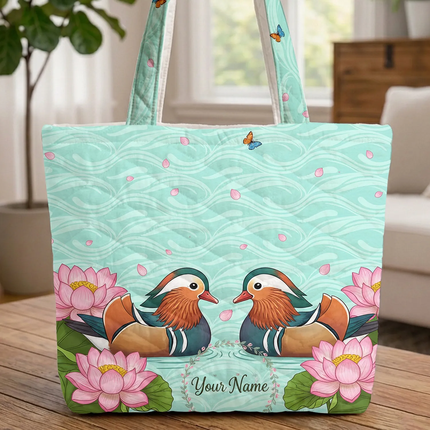 Personalized Mandarin Ducks Lotus Flower Water Butterflies - Wildlife Lover Gift Quilted Tote Bag - 1