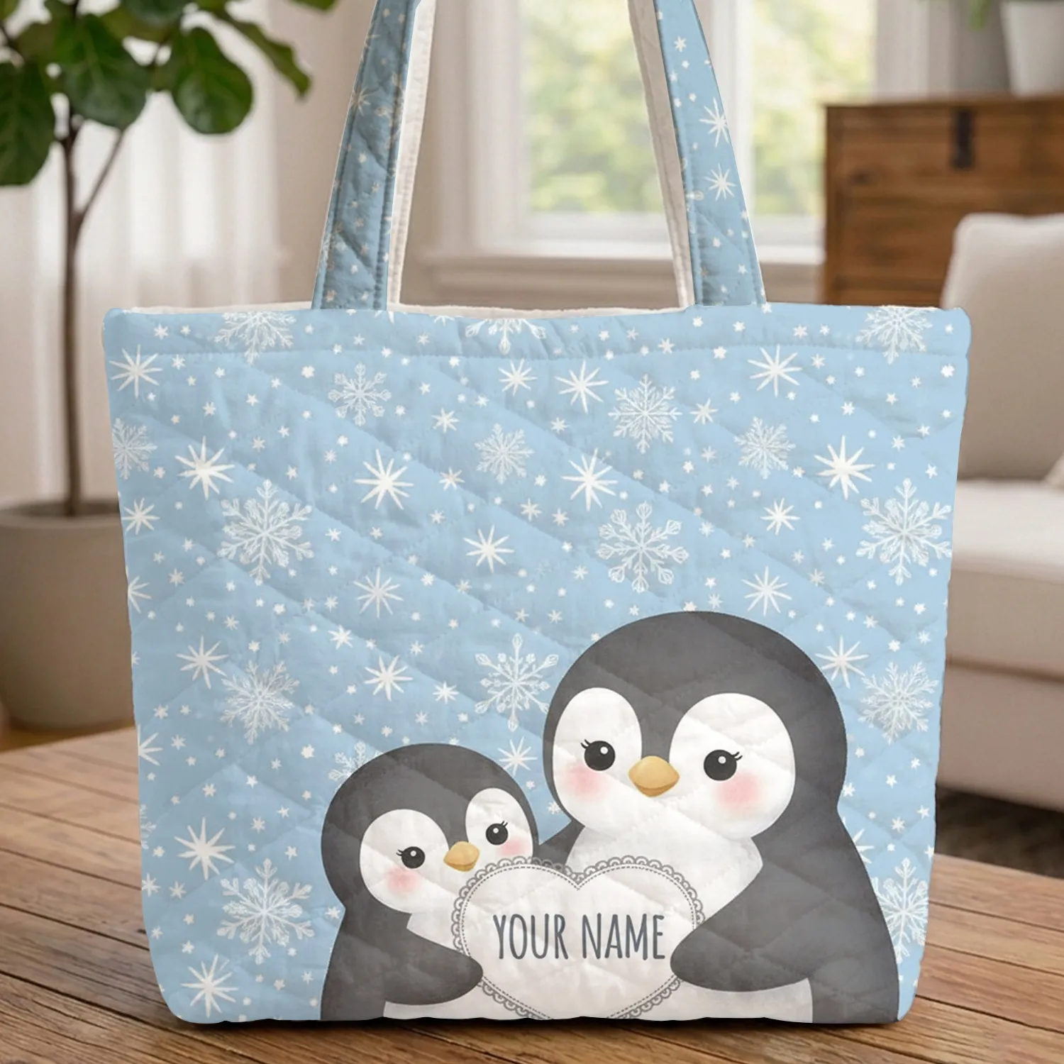 Penguins Snowflakes Personalized Name Heart - Winter Gift for Penguin Lover Quilted Tote Bag - 1