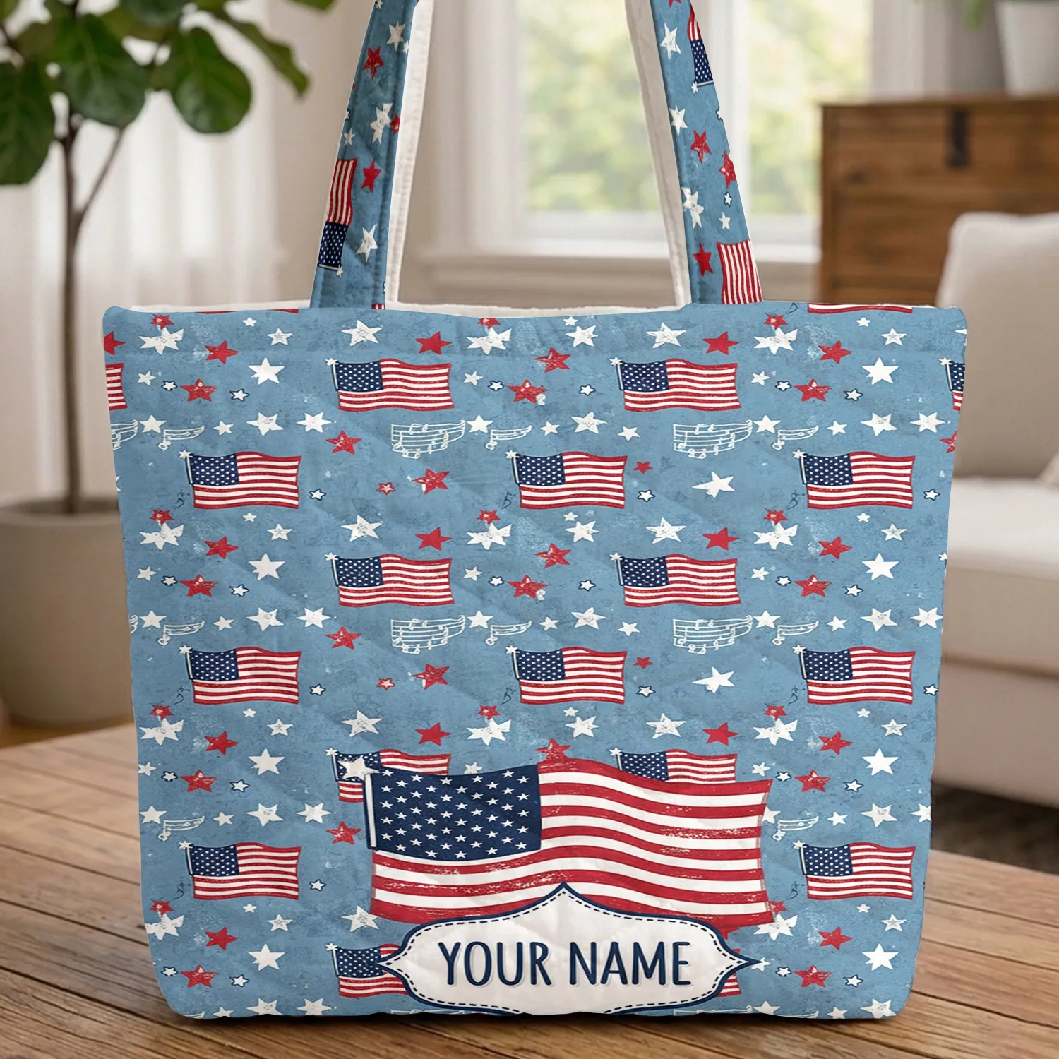 American Flag Patchwork Stars Music Notes Star Name Independence Day Gift Quilted Tote Bag - 1