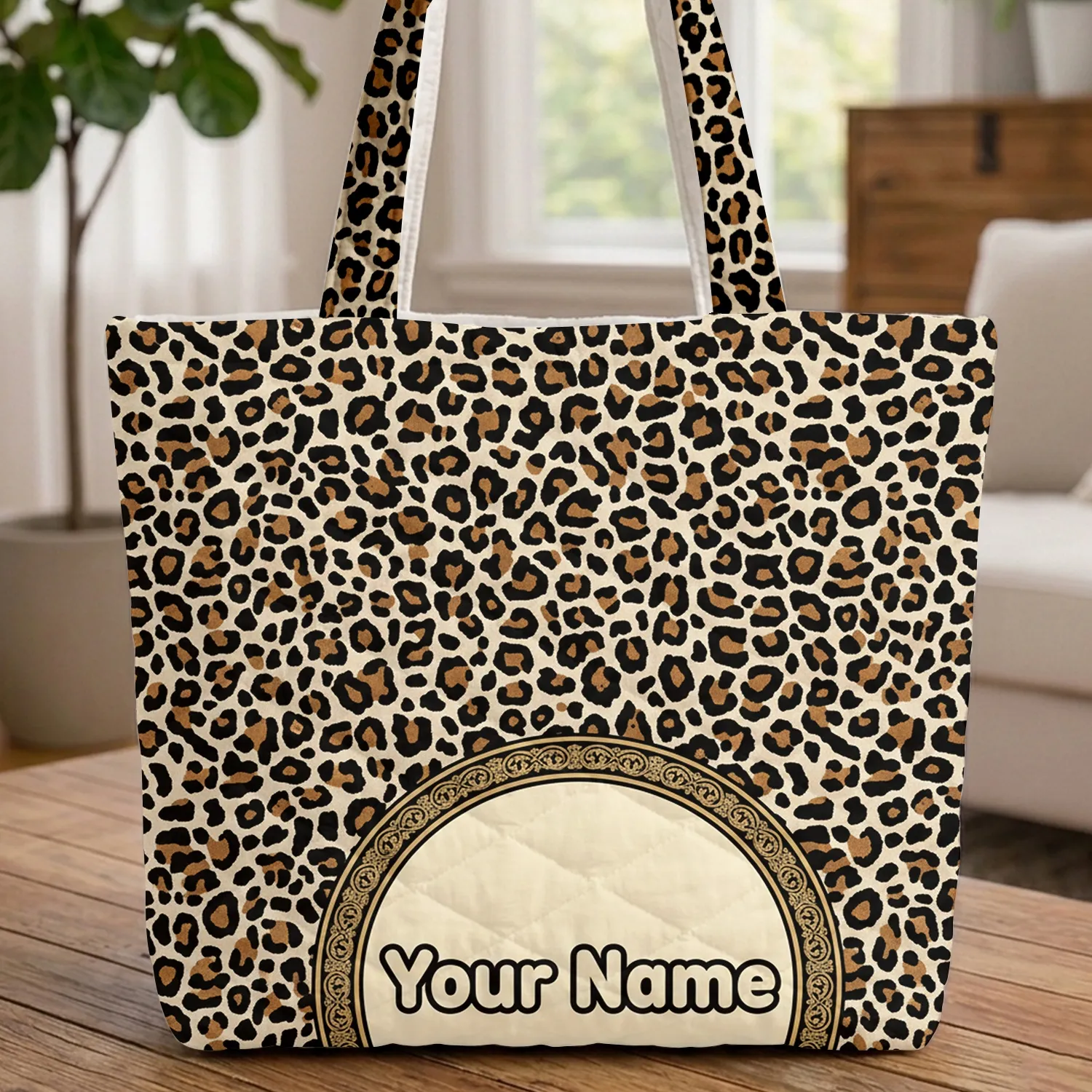 Leopard Spots Name Medallion Everyday Tote Travel Essentials Birthday Gift Leopard Lover Quilted Tote Bag - 1