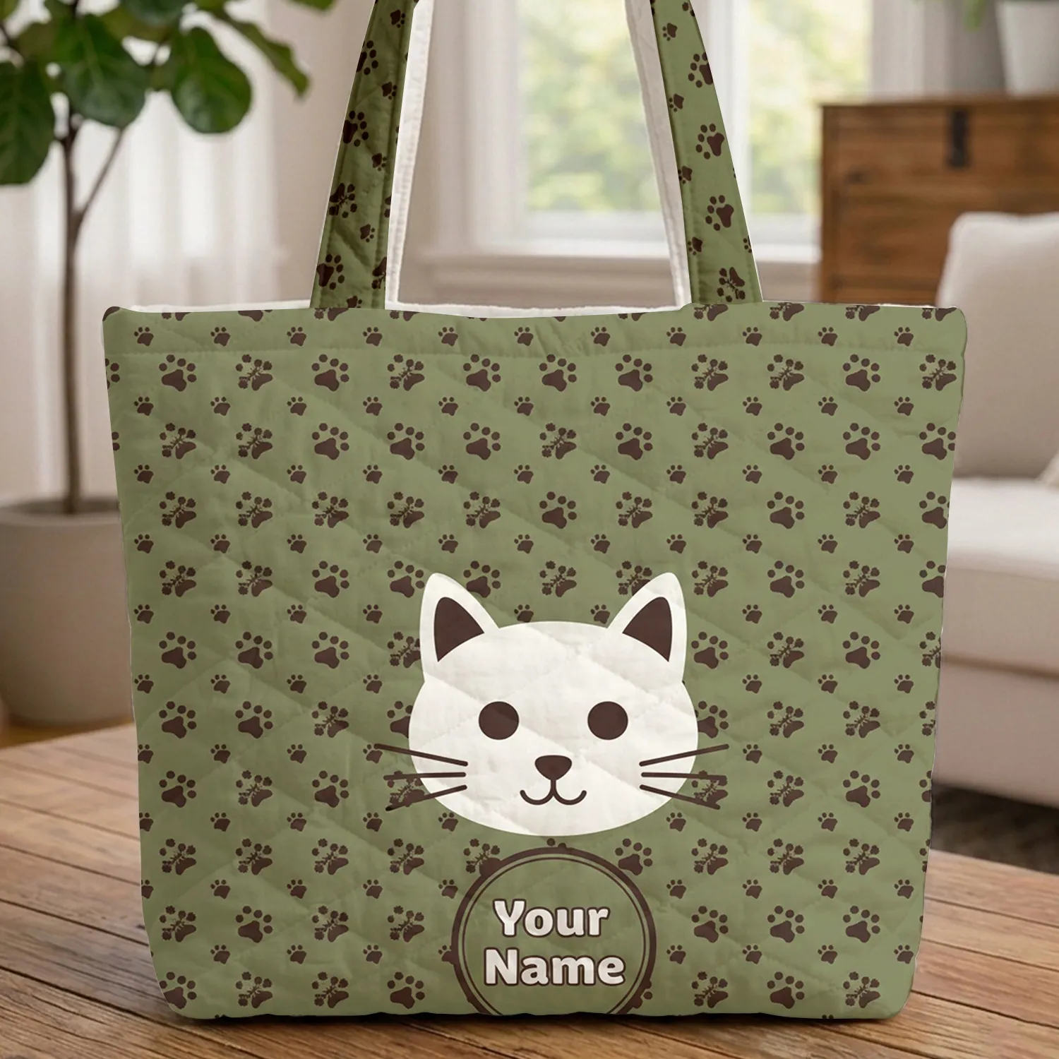 Olive Green Dark Brown Cat Face Whiskers Paw Prints Fish Bone - Everyday Cat Lover Gift Quilted Tote Bag - 1
