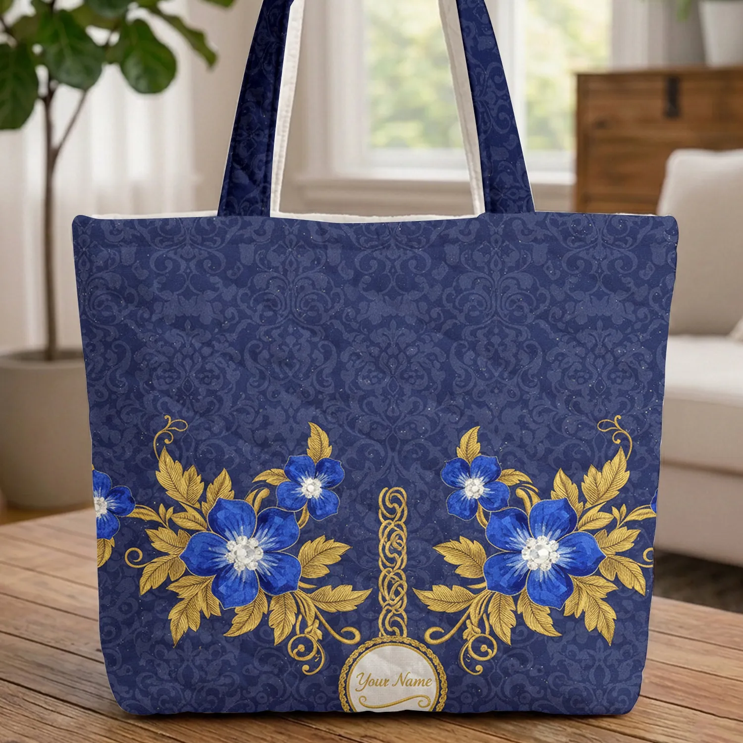 Opulent Sapphire Gemstone Flowers Gold Chain Medallion - Elegant Accessory for Everyday Use Quilted Tote Bag - 1