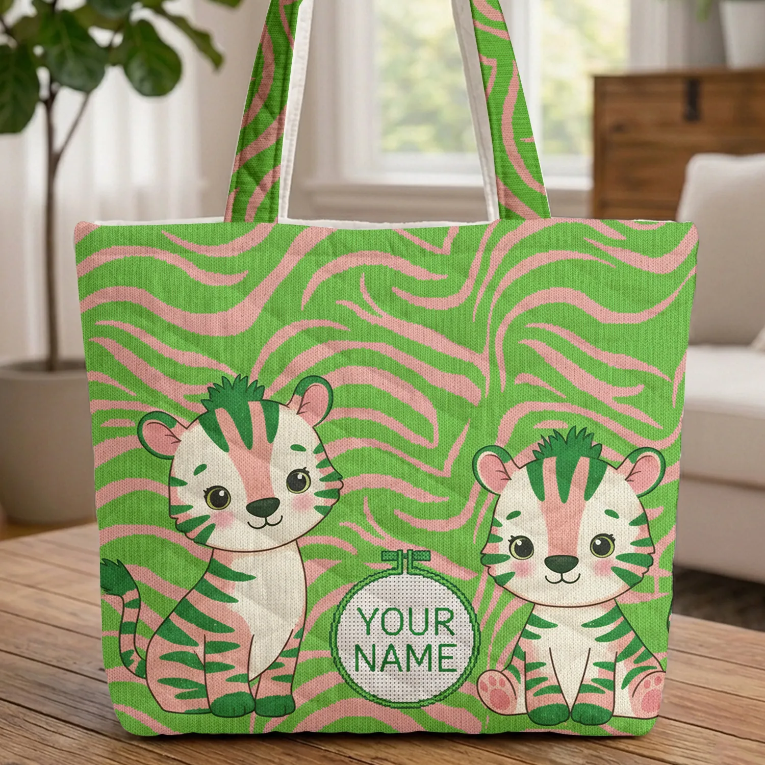 Green Pink Striped Baby Zebra Tiger Hybrids - Animal Lover Gift Quilted Tote Bag - 1