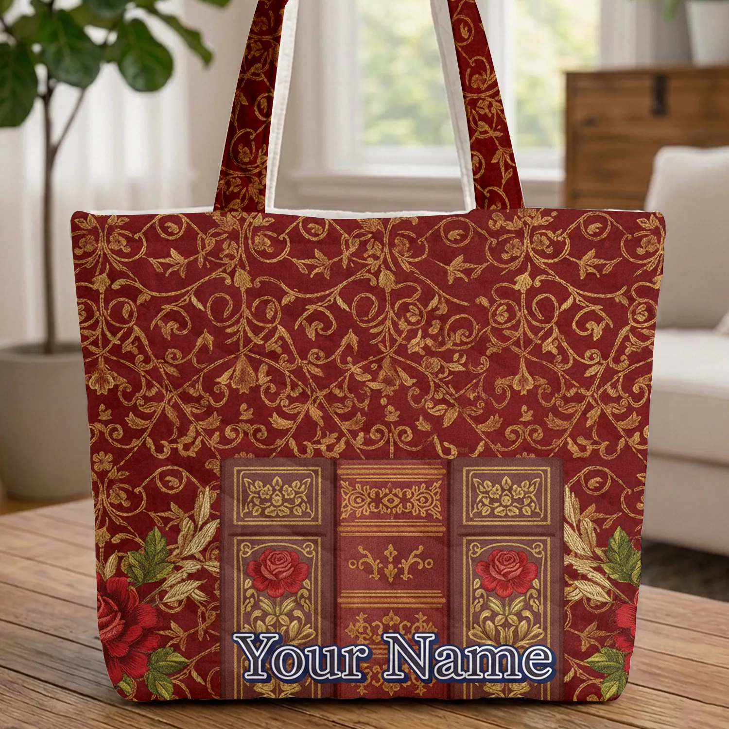 Ornate Antique Book Spines Gold Botanical Embroidery - Book Lover Gift Quilted Tote Bag - 1