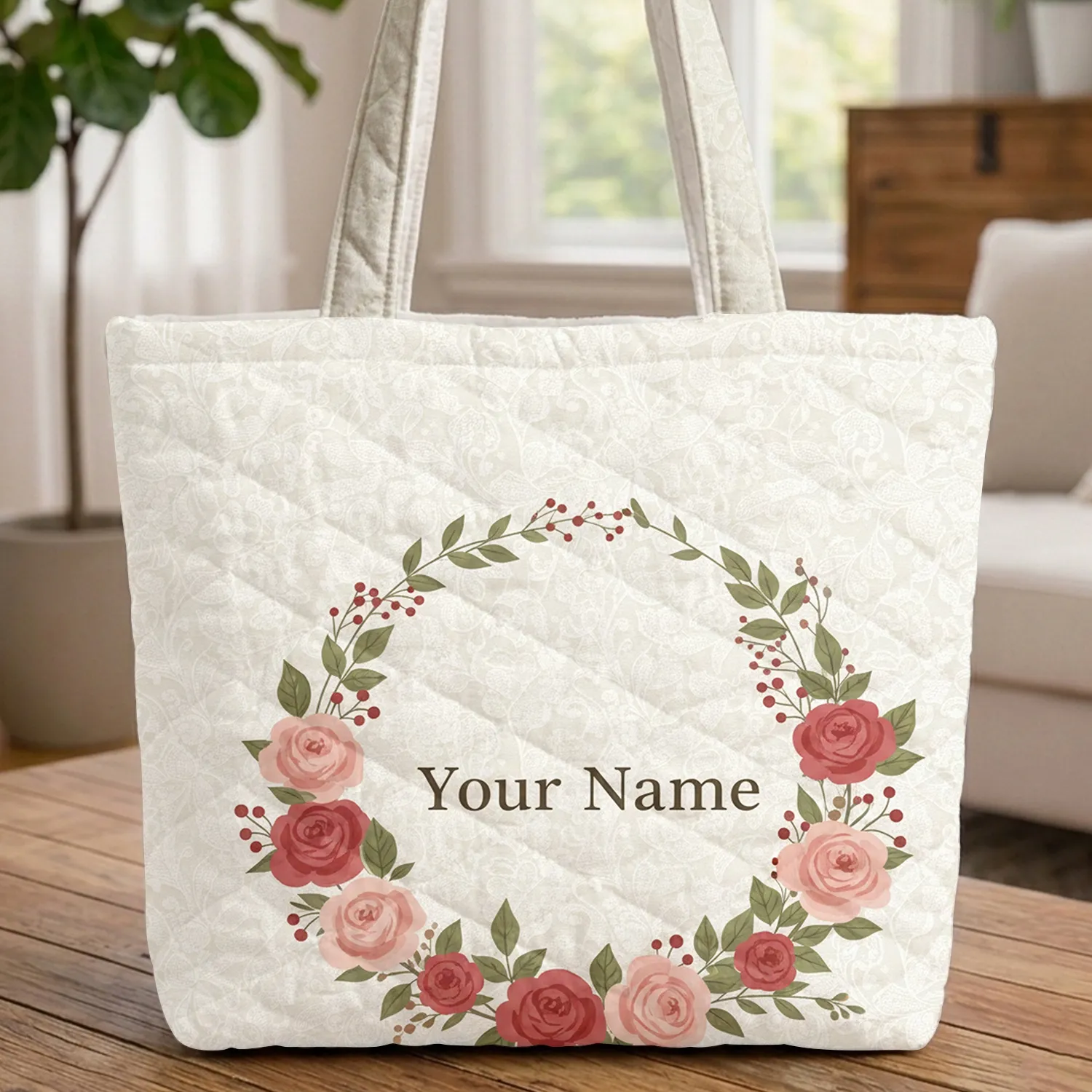 Personalized Name Pink Red Rose Wreath Lace - Everyday Carry Gift Quilted Tote Bag - 1