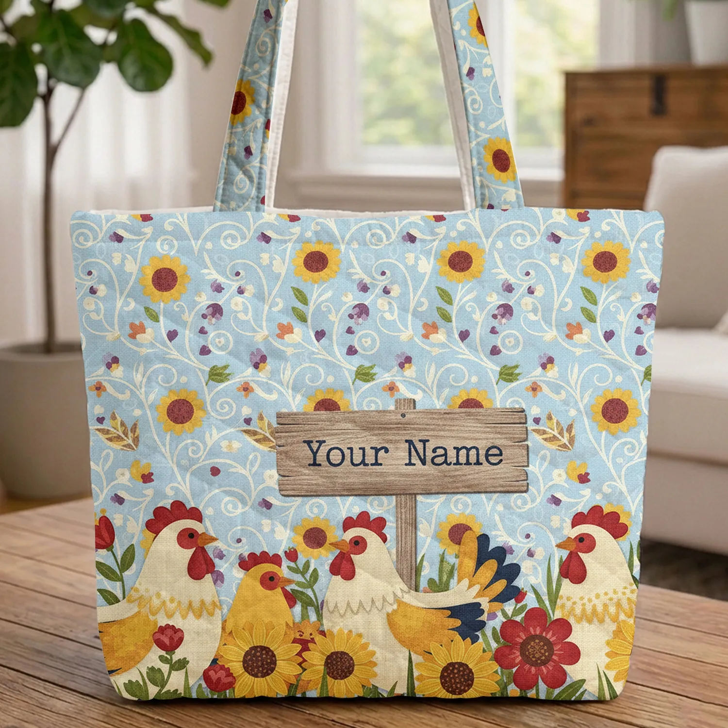 Farmhouse Chickens Flowers Wooden Sign Floral Hearts - Chicken Lovers Gift Quilted Tote Bag - 1