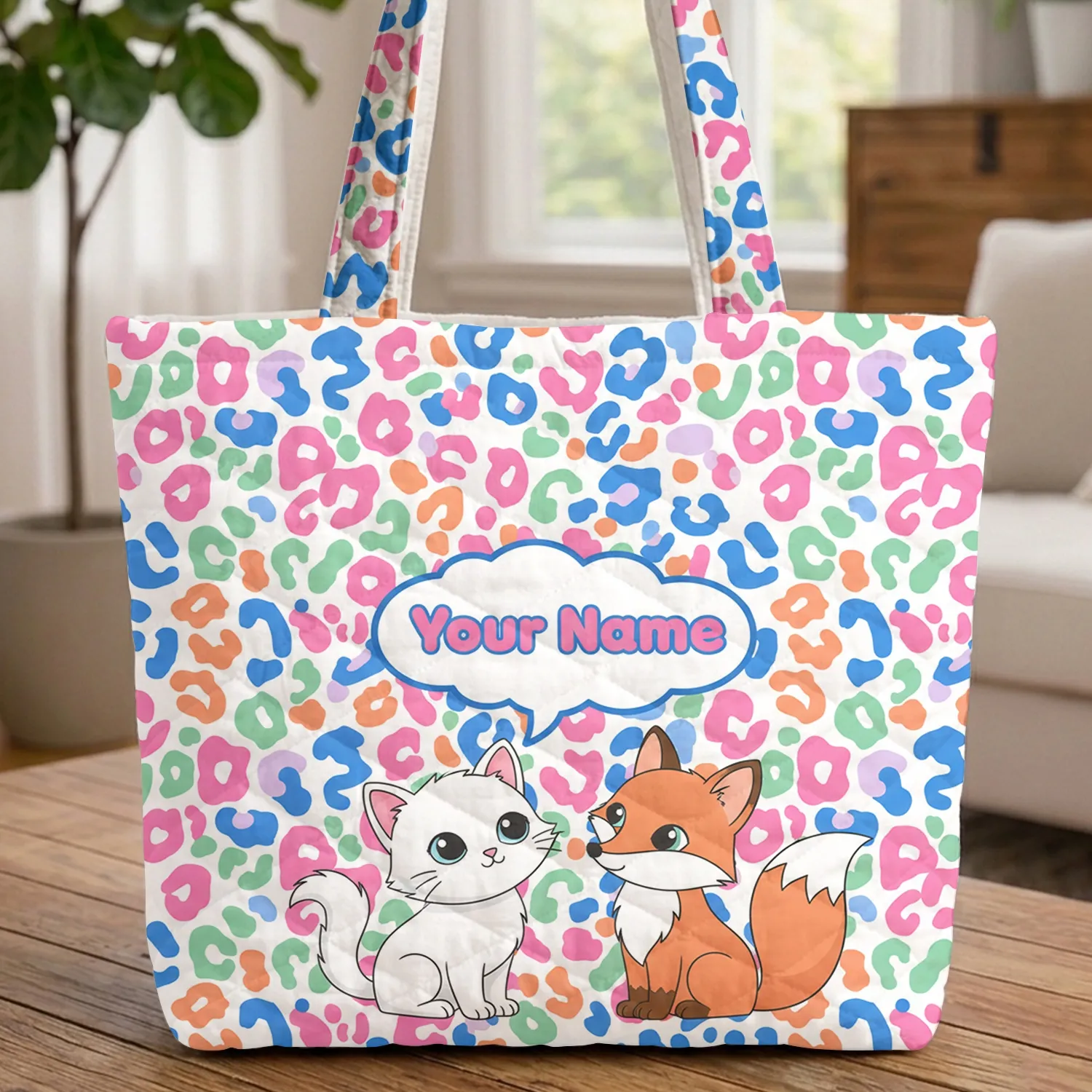 Kitten Fox Cub Name Speech Bubble Leopard Spots - Animal Lover Everyday Accessory Quilted Tote Bag - 1