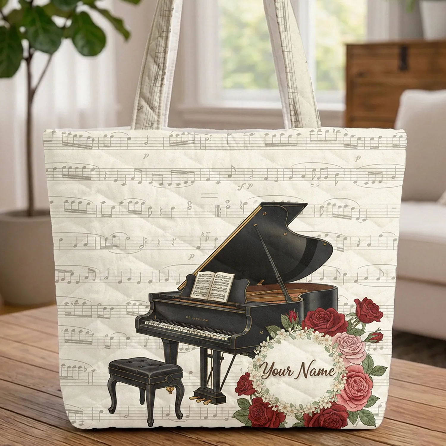 Personalized Your Name Floral Wreath Grand Piano Roses - Music Lover Gift Quilted Tote Bag - 1