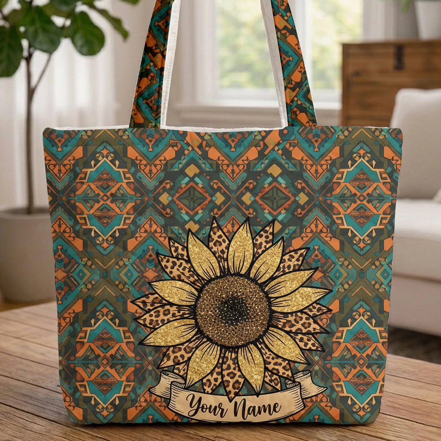 Leopard Print Sunflower Gold Glitter Name Scroll Boho Lifestyle Gift Quilted Tote Bag - 1