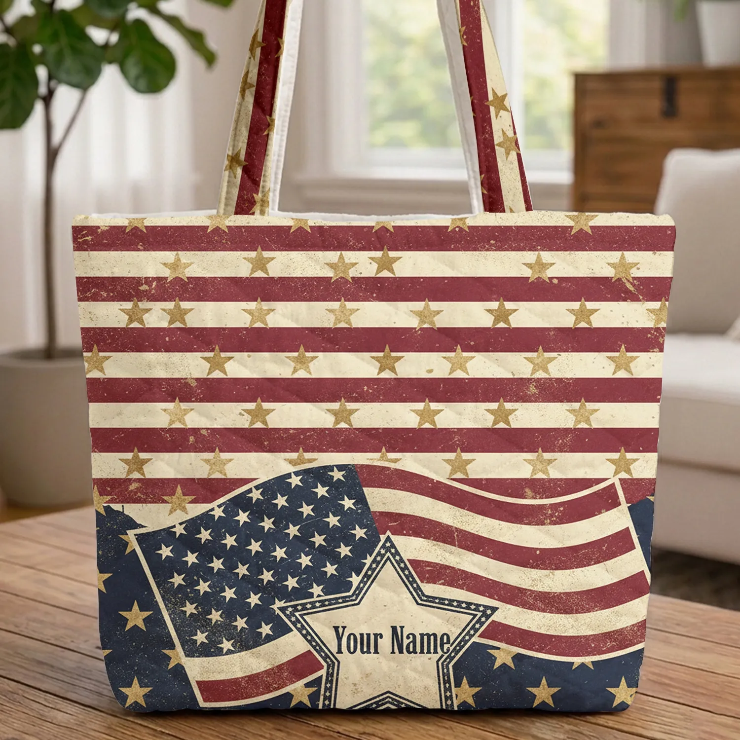 Patriotic American Flag Gold Stars Personalized Star Name - Independence Day Gift Quilted Tote Bag - 1