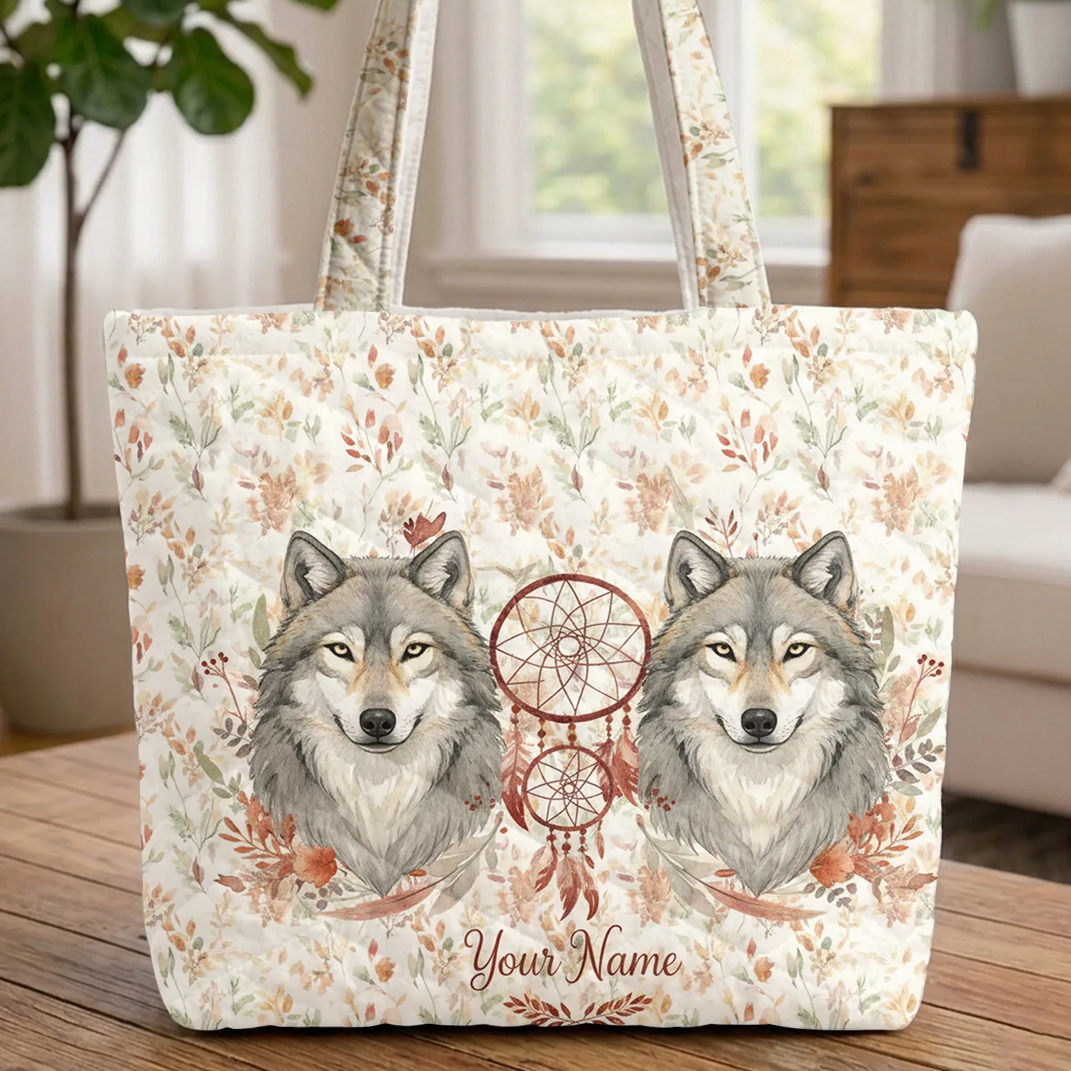 Majestic Wolves Dreamcatcher Botanical - Wildlife Lover Gift for Wolf Lovers Quilted Tote Bag - 1