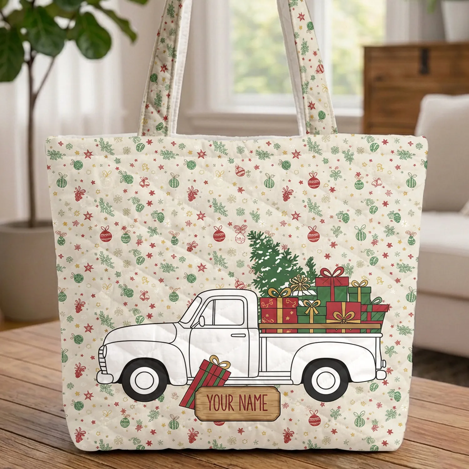 Vintage Christmas Pickup Truck Loaded Gifts Tree Snowflakes Ornaments - Holiday Gift Quilted Tote Bag - 1