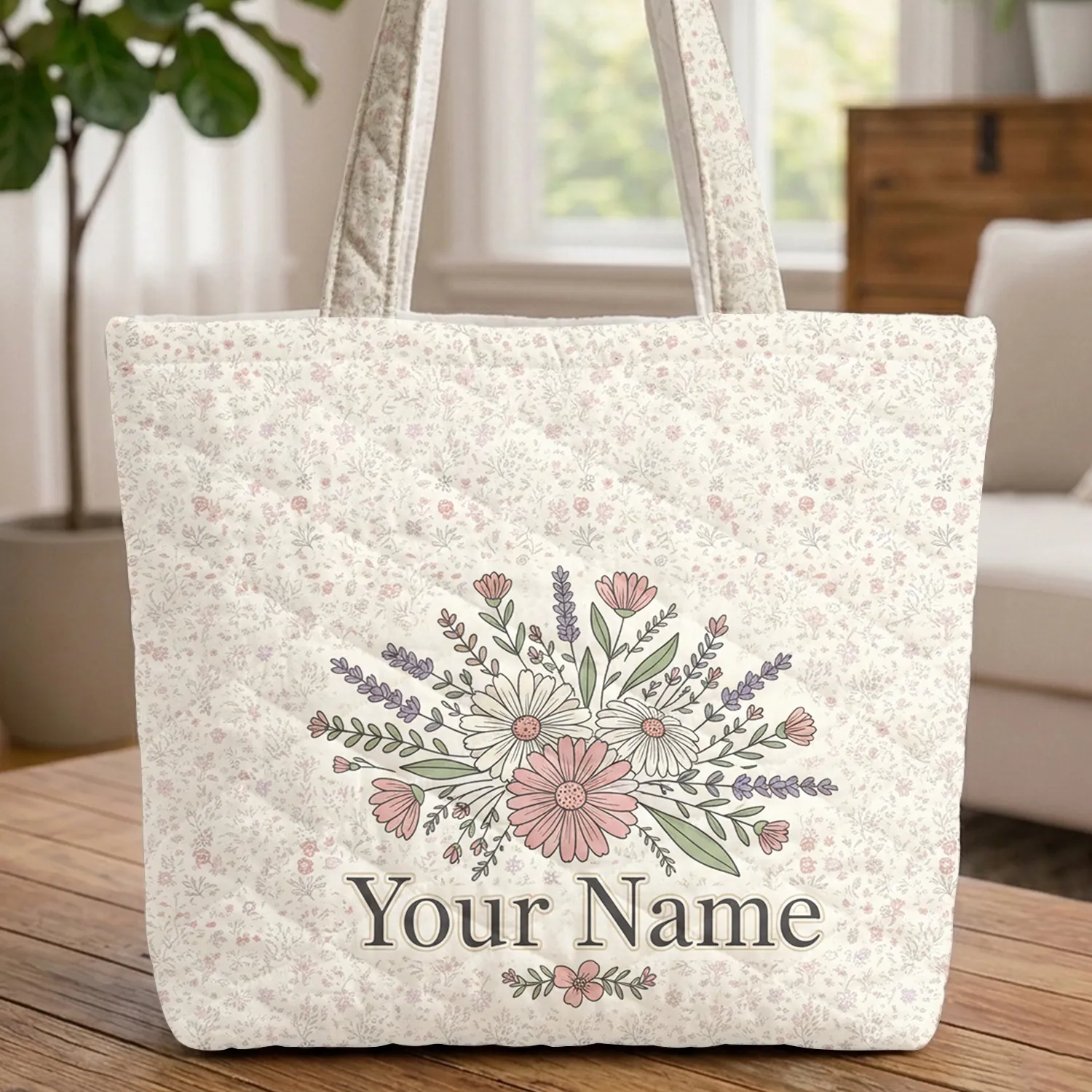 Wildflower Bouquet Daisies Lavender Personalized Gift Quilted Tote Bag - 1