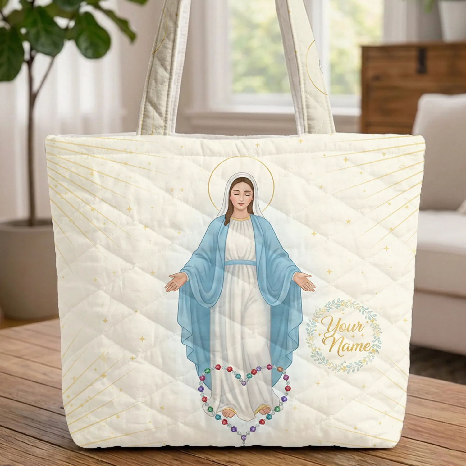 Virgin Mary Rosary Jewels Crucifix Floral Wreath - Devotional Faith Gift Quilted Tote Bag - 1
