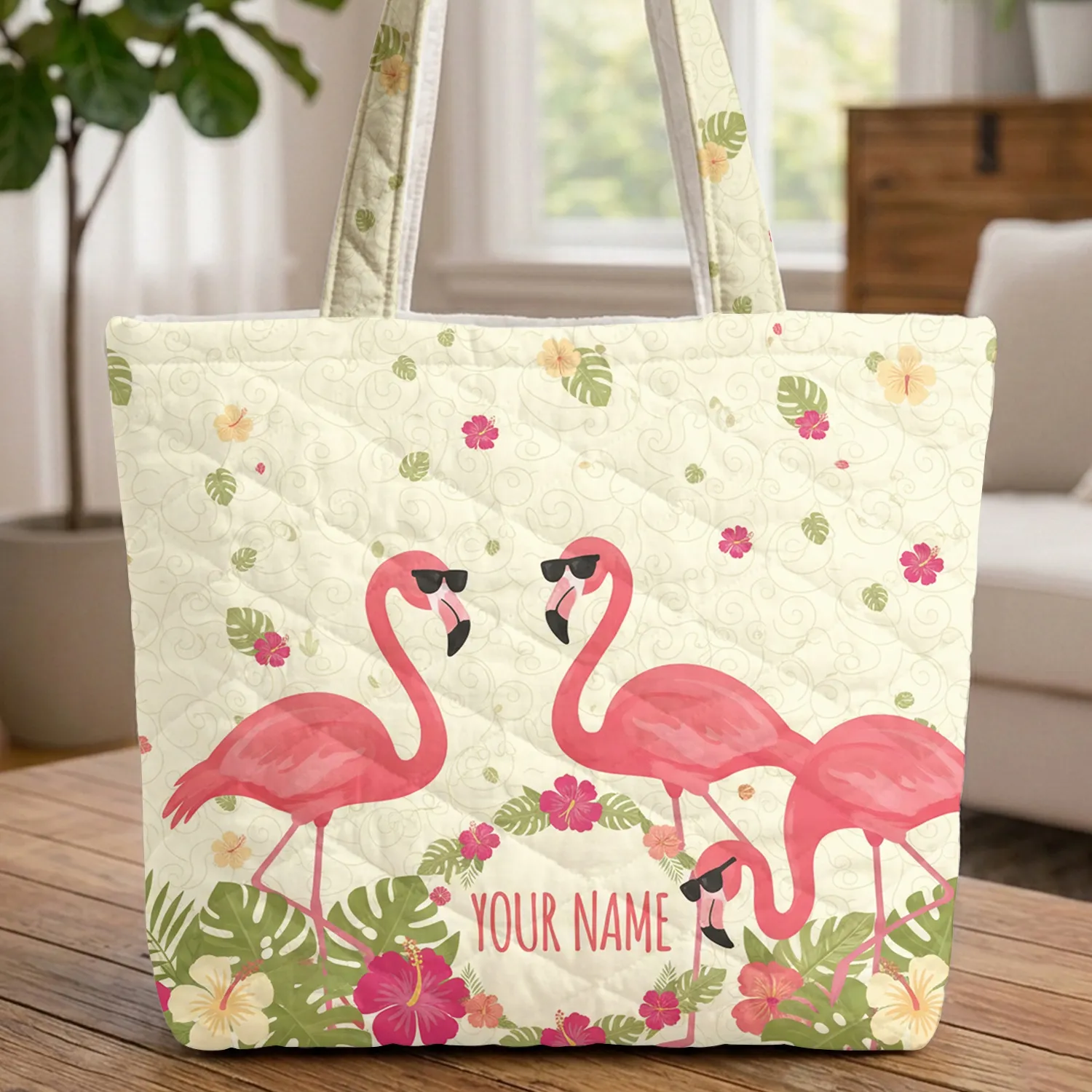 Flamingos with Black Sunglasses Tropical Hibiscus Personalized Name Flamingo Lover Gift Quilted Tote Bag - 1