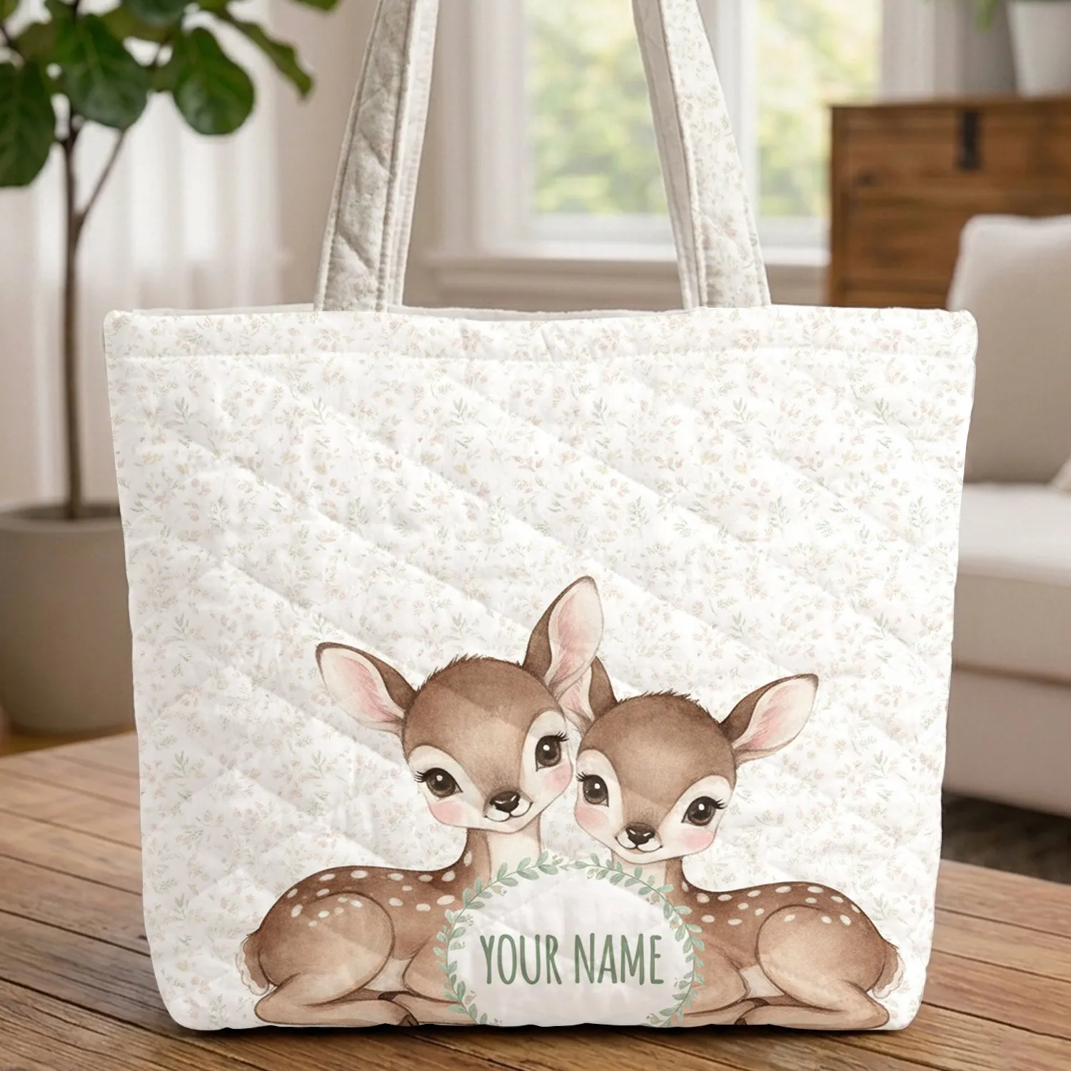 Baby Deer Wildflower Leaf Wreath Name - Children's Storybook Gift Quilted Tote Bag - 1