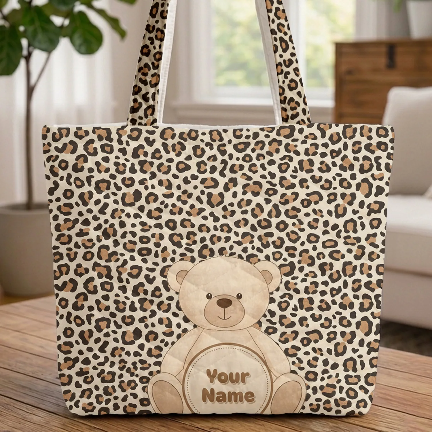 Personalized Name Cream Fur Teddy Bear Leopard Print - Birthday Gift for Girls Quilted Tote Bag - 1