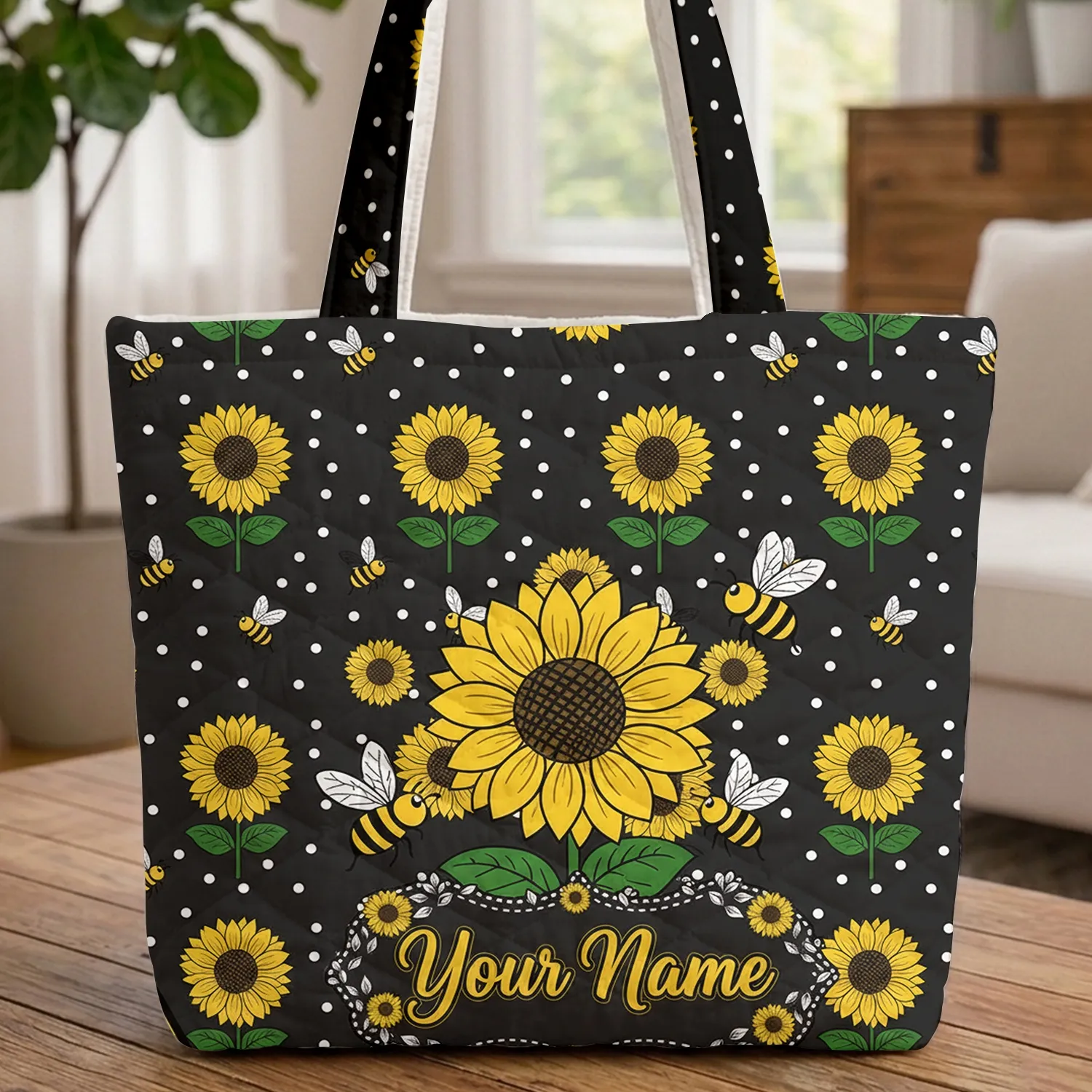 Personalized Name Honeybee Sunflower Leaf Garland - Nature Lover Gift Quilted Tote Bag - 1