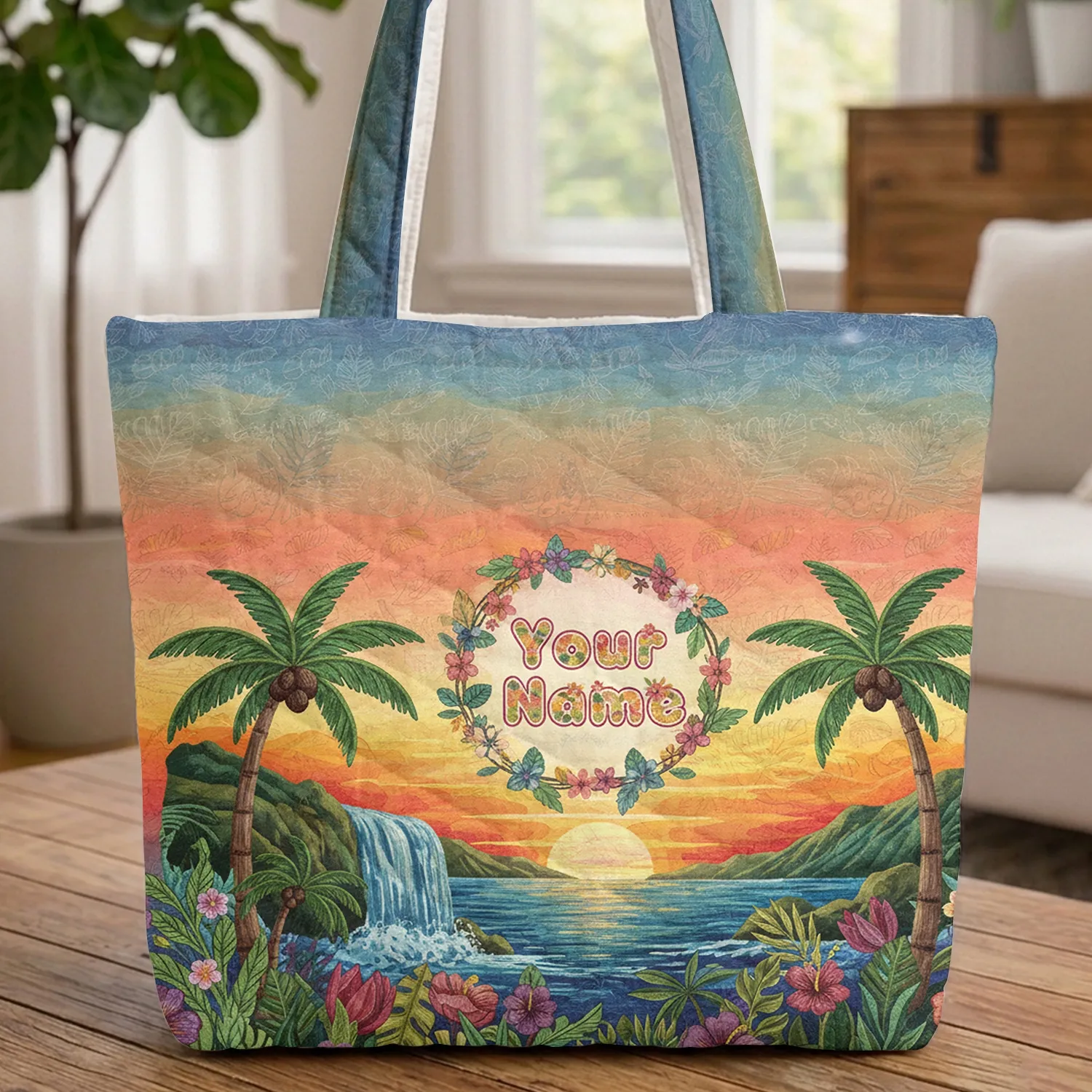 Palm Trees Waterfall Ocean Sunset Floral - Everyday Tote for Tropical Travel Quilted Tote Bag - 1