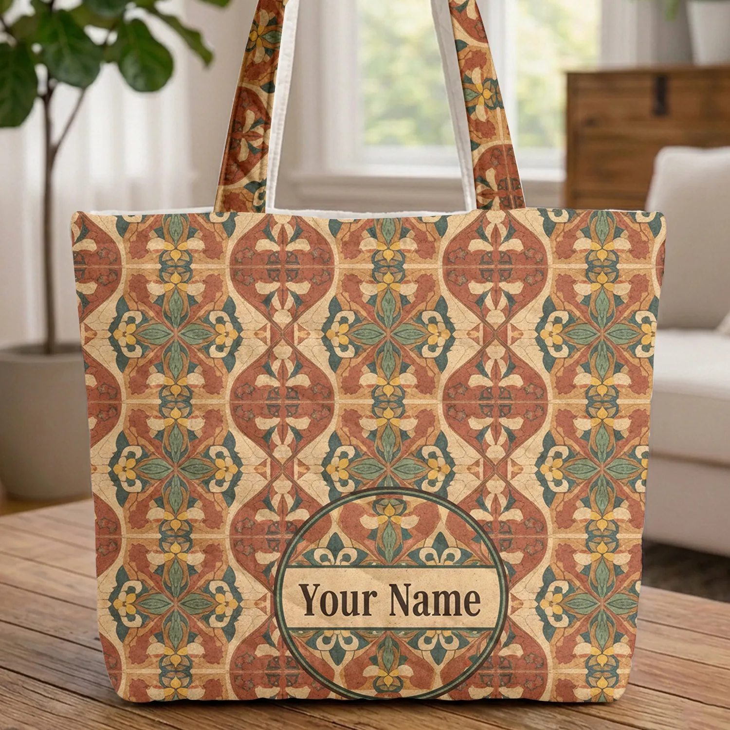 Mediterranean Mosaic Geometric Tile Floral Medallion Everyday Use Travel Essentials Gift Quilted Tote Bag - 1